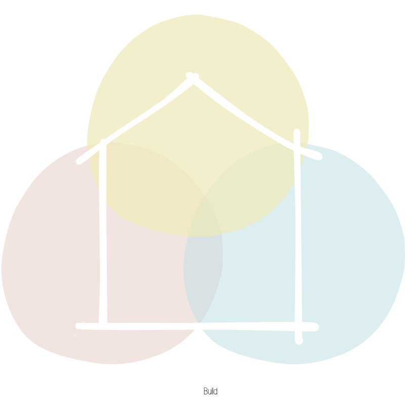 Overlapping circles in pastel colors with a white line drawing of a house on top.