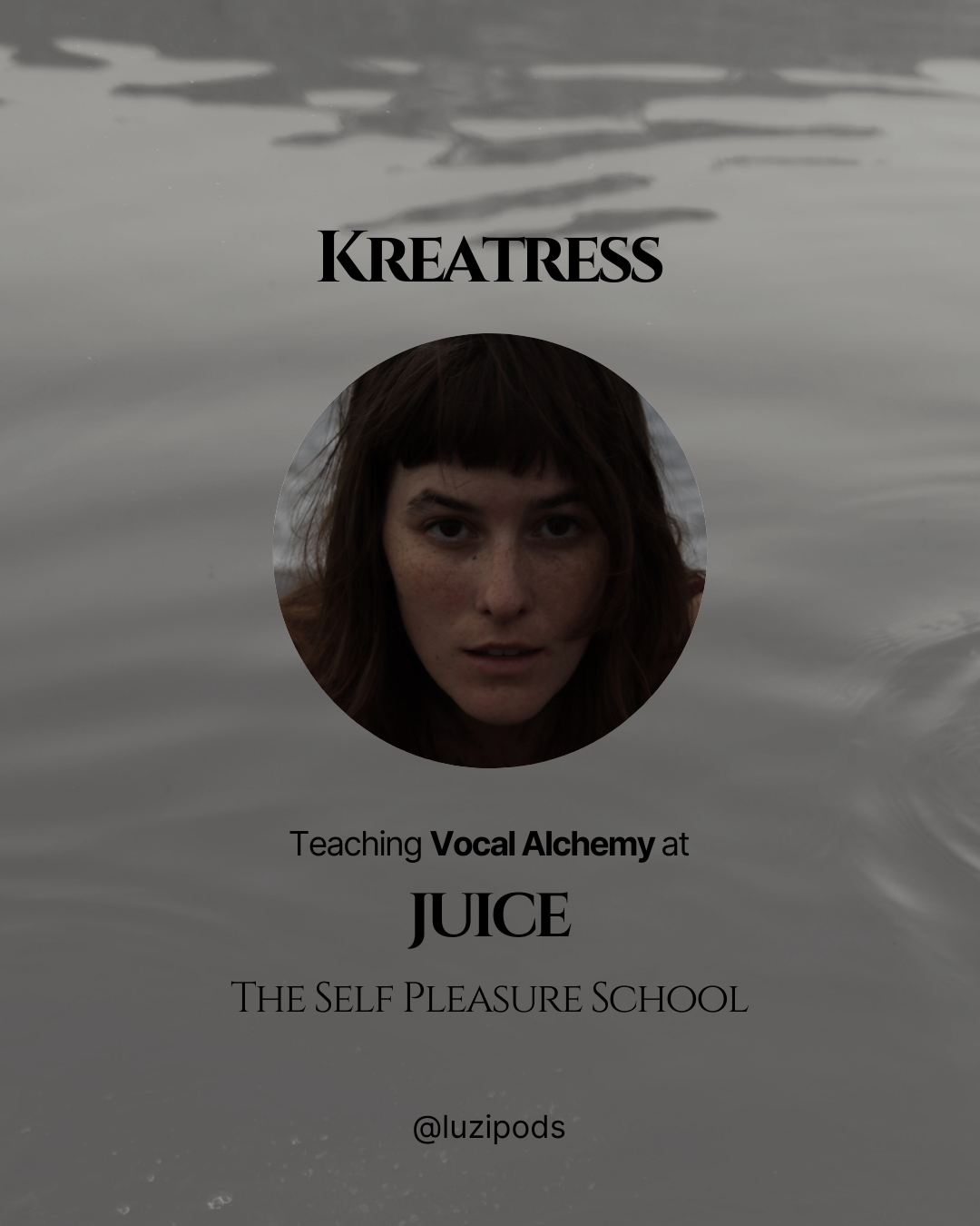 This image shows a photograph of Kris AKA Kreatress, who will teach teaches Primal Sound & Vocal Alchemy via Sexologist, Luzi Pods' online course called JUICE which starts on Feb 3rd 2026. 