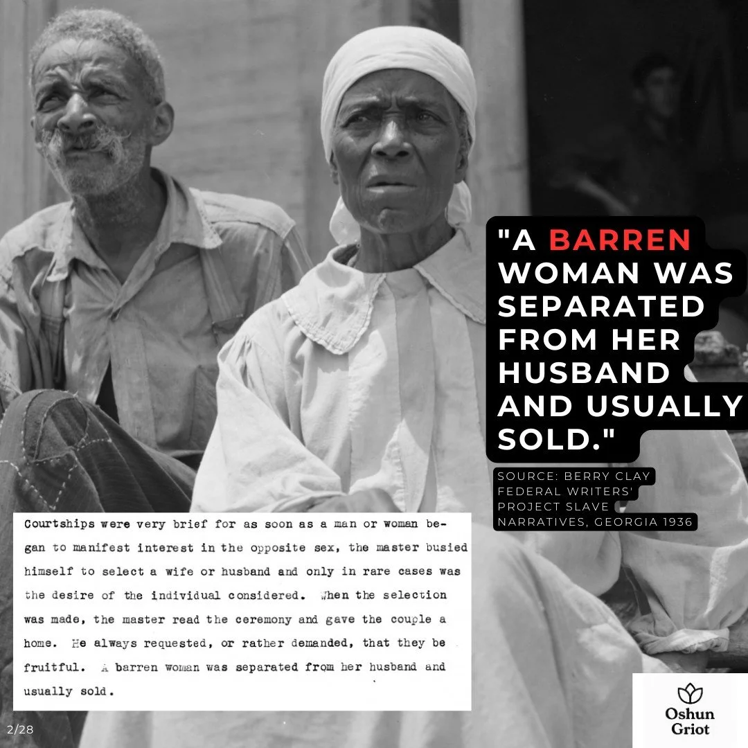 Day 2/28
Under slavery, infertility was not private.
It could mean separation from your partner, sale, and punishment.

The word &ldquo;barren&rdquo; is archival language from the time.
It is brutal, and it is part of the record.

Source: Berry Clay,