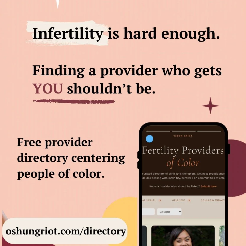 Infertility is hard enough. Finding a provider who gets you shouldn't be.
We just launched the Oshun Griot Fertility Providers of Color Directory &mdash; free, searchable, built for communities of color navigating infertility. Crowdsourced and growin