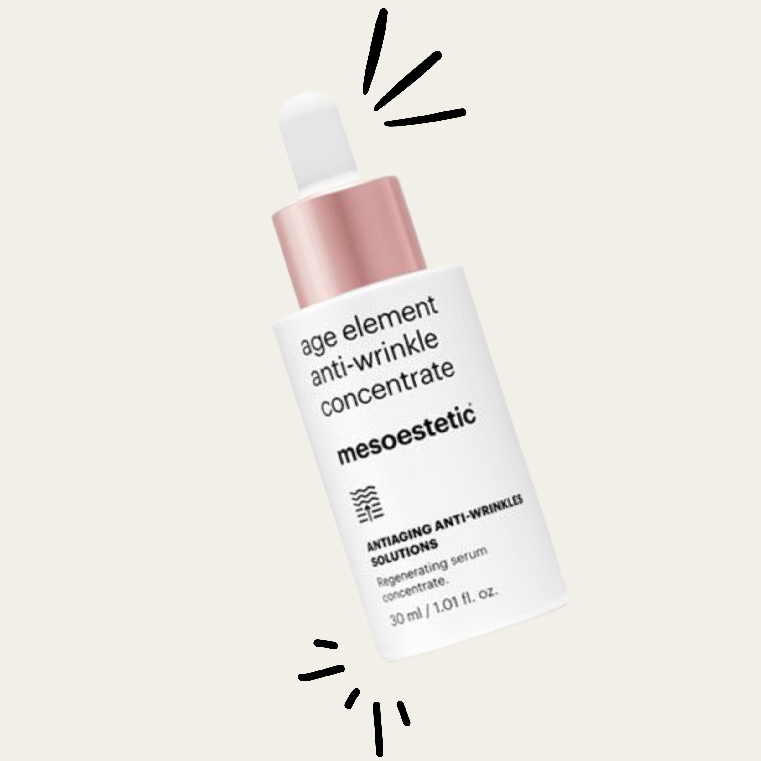A white bottle of 'age element anti-wrinkle concentrate' skincare serum with a pink metallic cap and a dropper, labeled 'mesoestetic' and 'antiaging anti-wrinkles solutions,' with decorative black lines around the top and bottom.