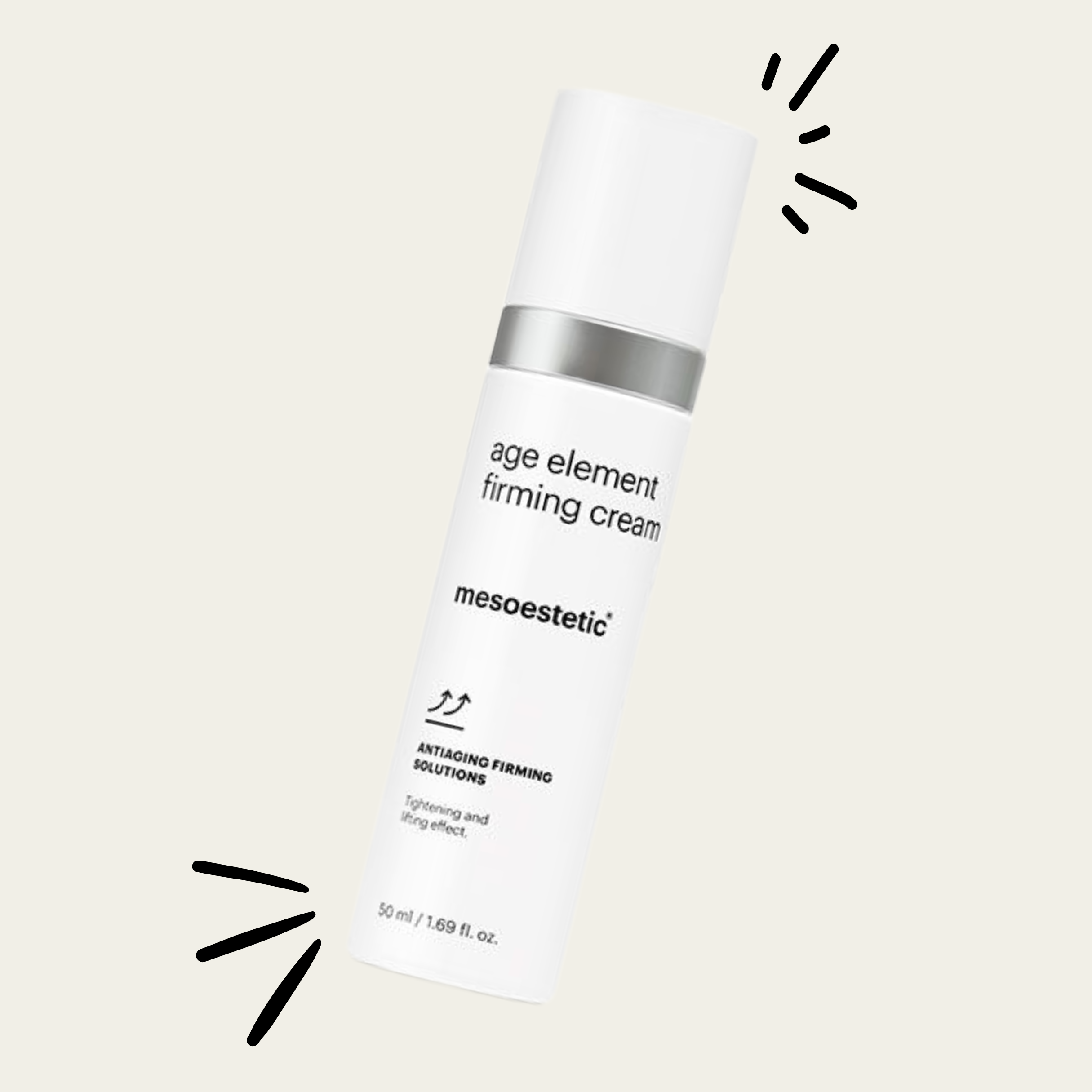 A white cylindrical bottle of Mesoestetic age element firming cream with silver accent, surrounded by black line accents, on a light beige background.