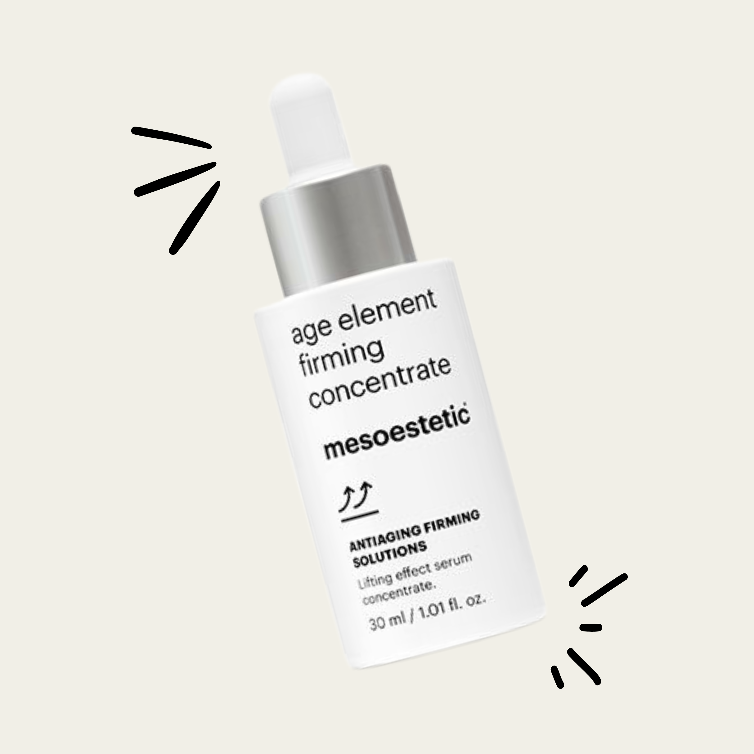 A white bottle of age element firming concentrate serum with a dropper top, tilted slightly, with decorative lines around it.