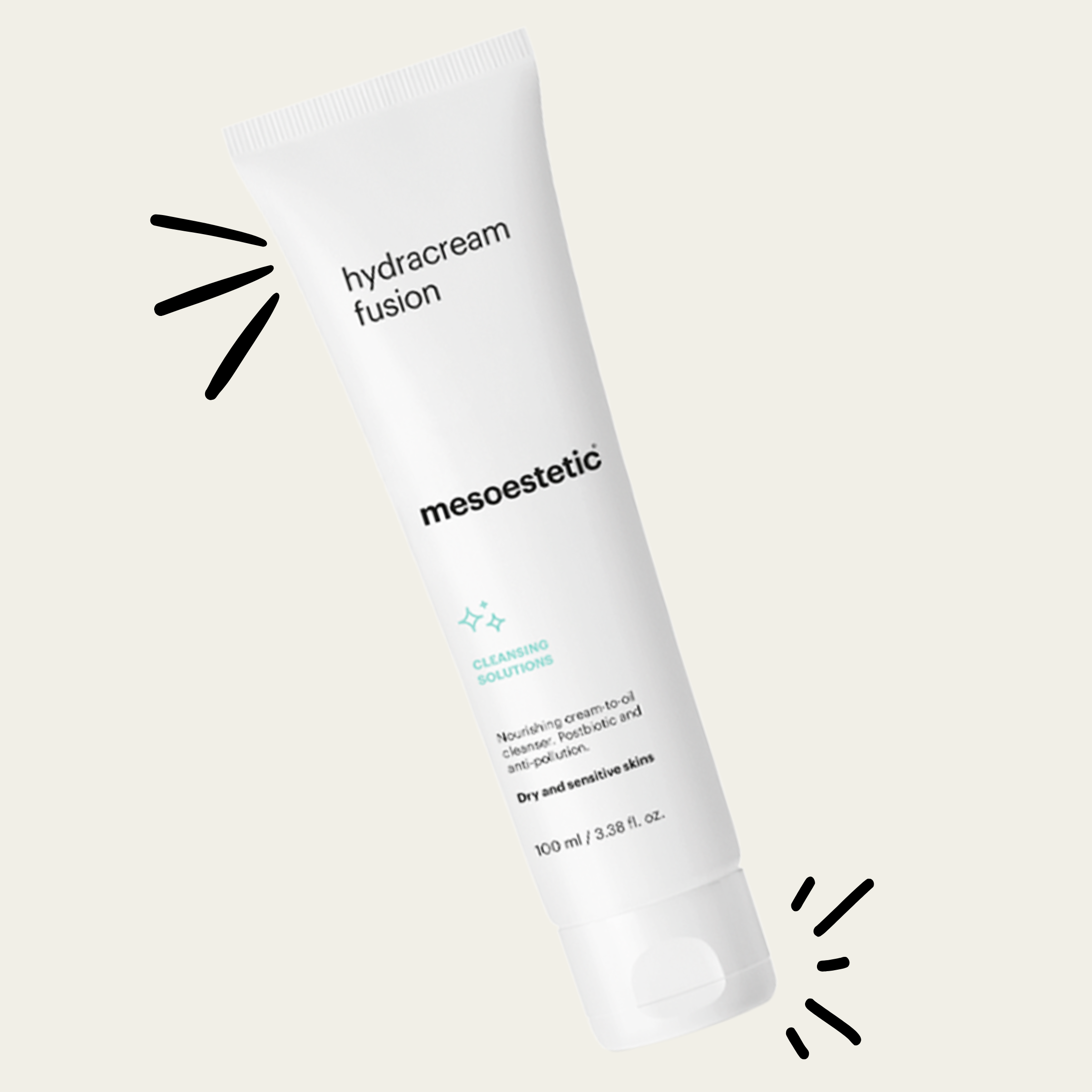 A white tube of Mesoestetic Hydracream Fusion with black and light blue text, surrounded by black decorative lines on a beige background.