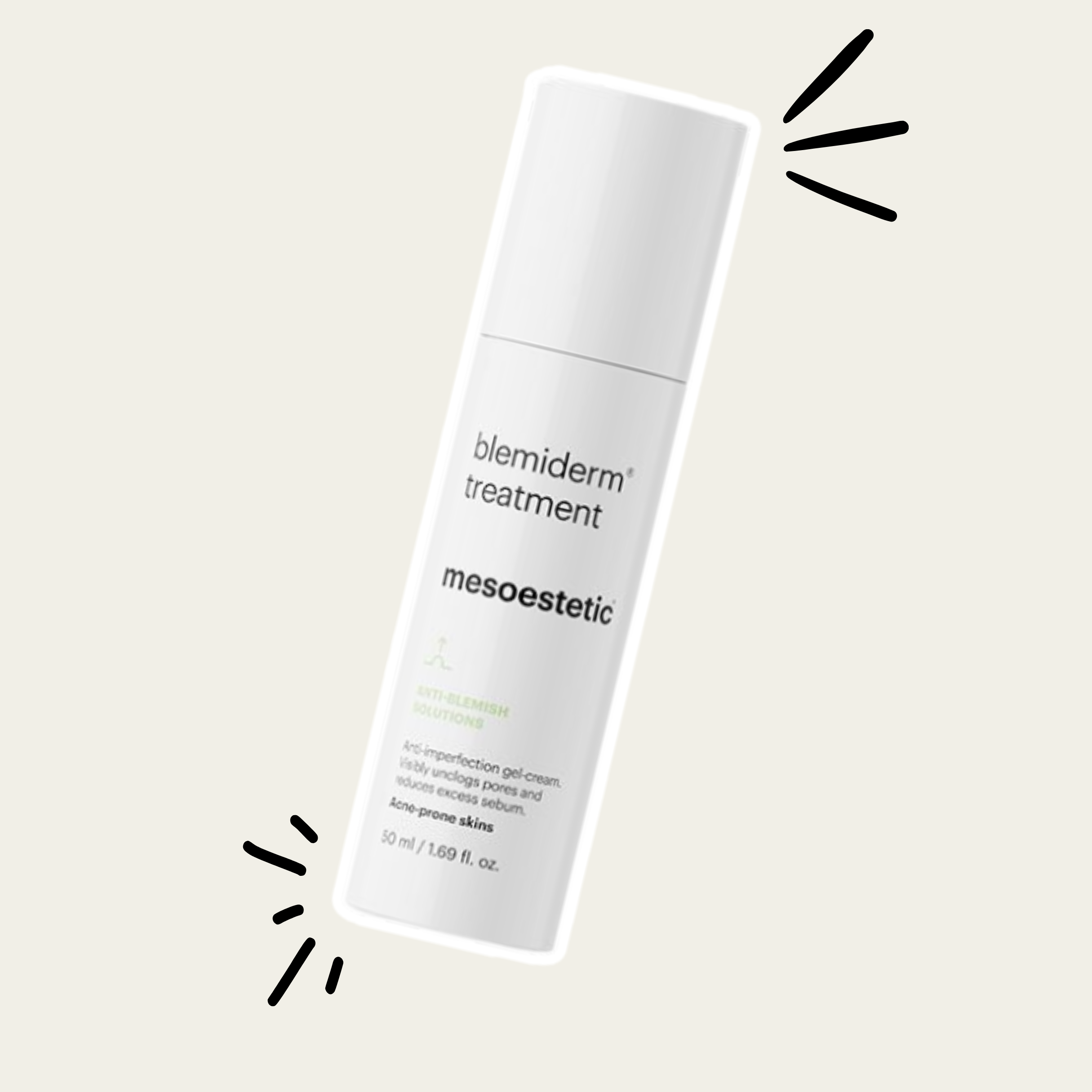 A white tube of blemiderm treatment gel with black text and small black accent lines on a light background.