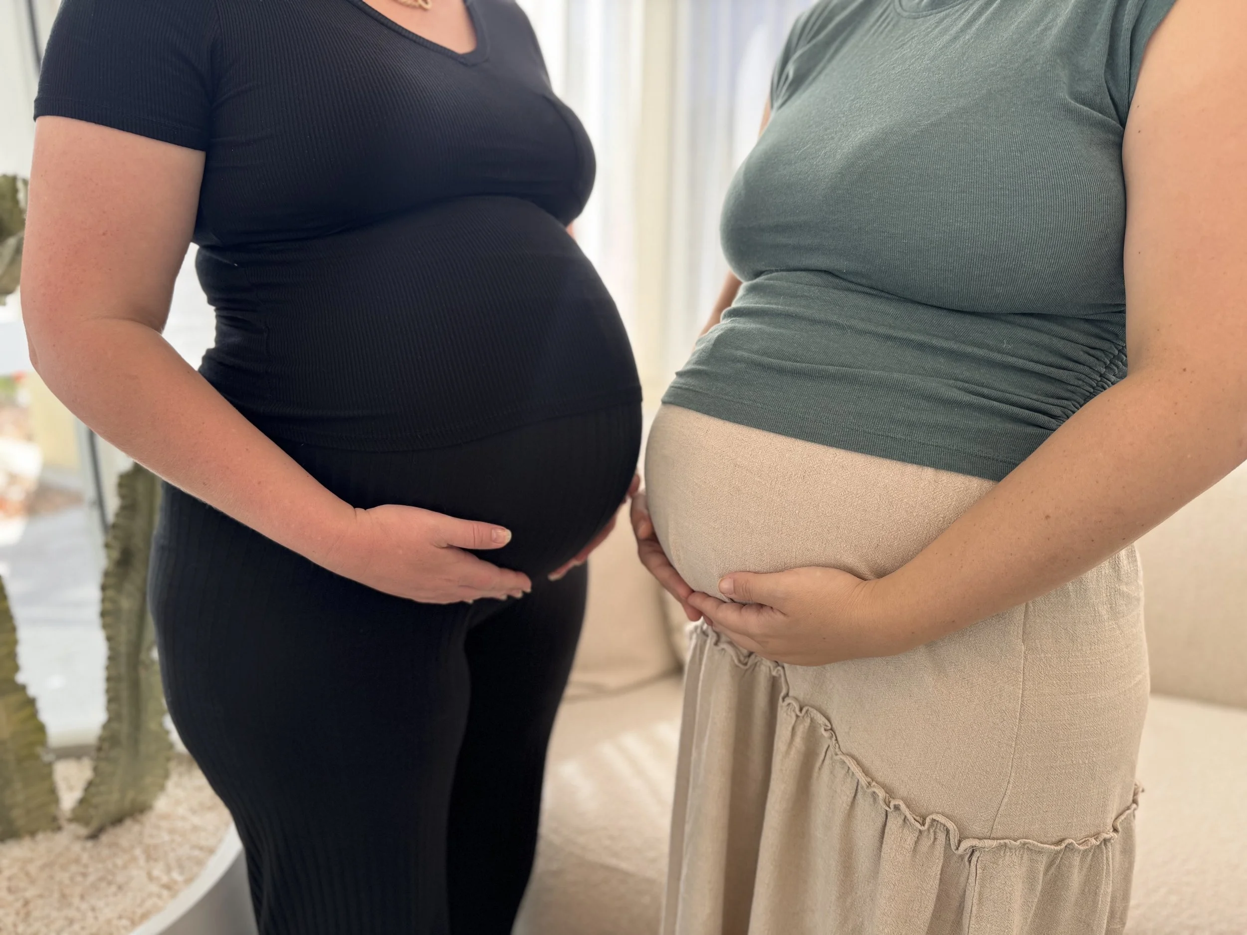 Close-up of two pregnant women standing face to face, each holding their baby bump with their hands, in a well-lit indoor setting.