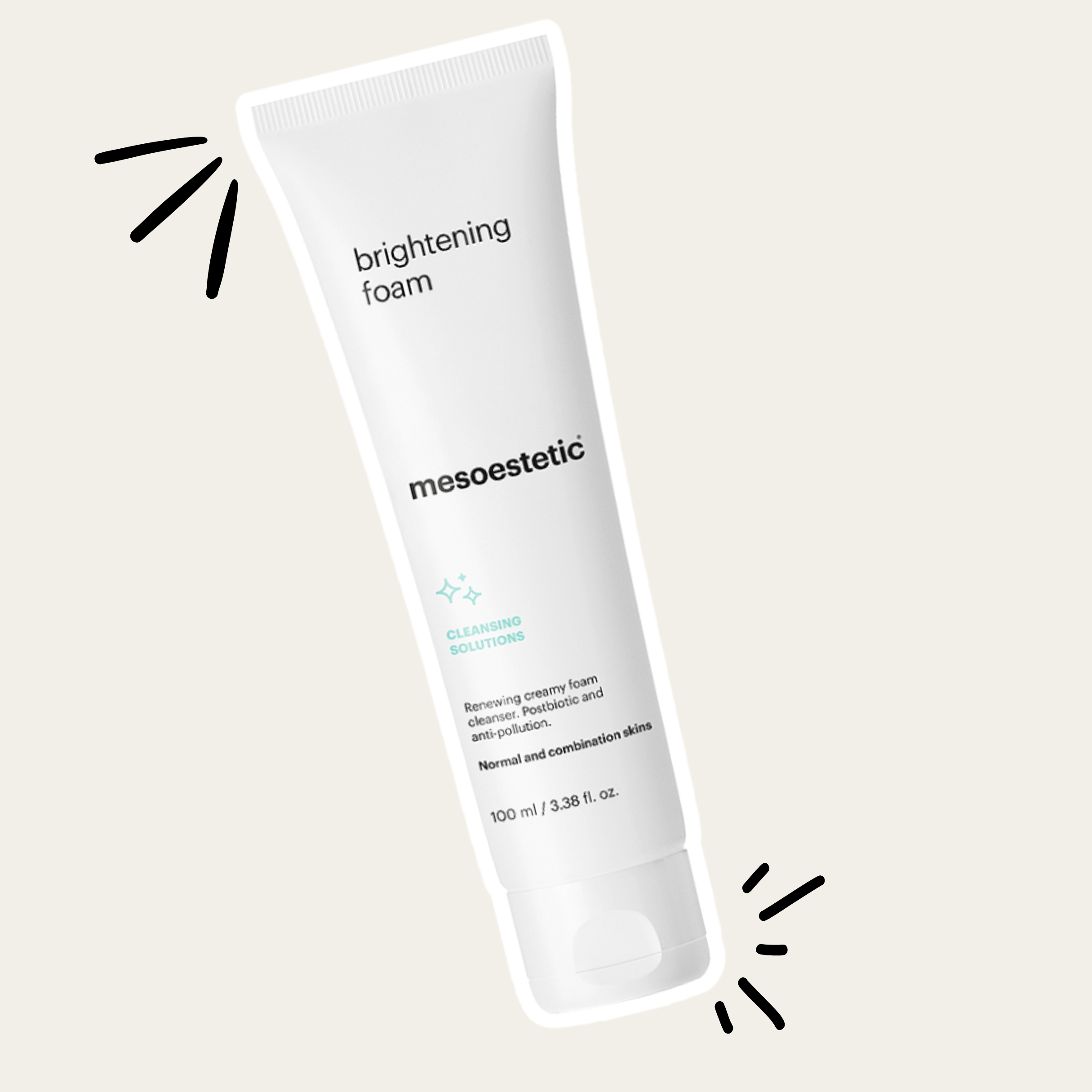 A white tube of Mesoestetic Brightening Foam with black text, surrounded by black accent lines, on a light gray background.