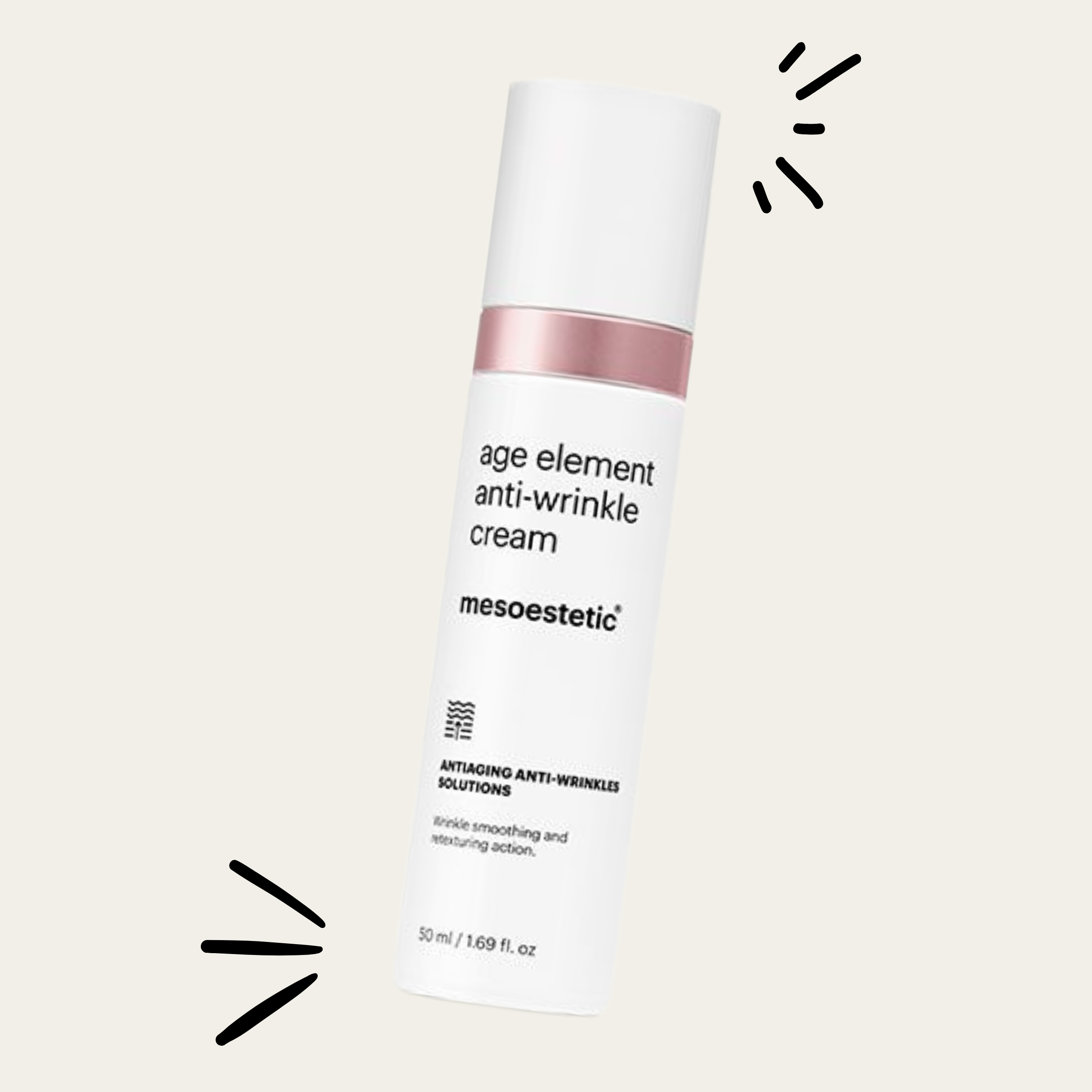 A white bottle of Age Element Anti-Wrinkle Cream with a pink band, tilted on a plain background, with graphic lines indicating emphasis.