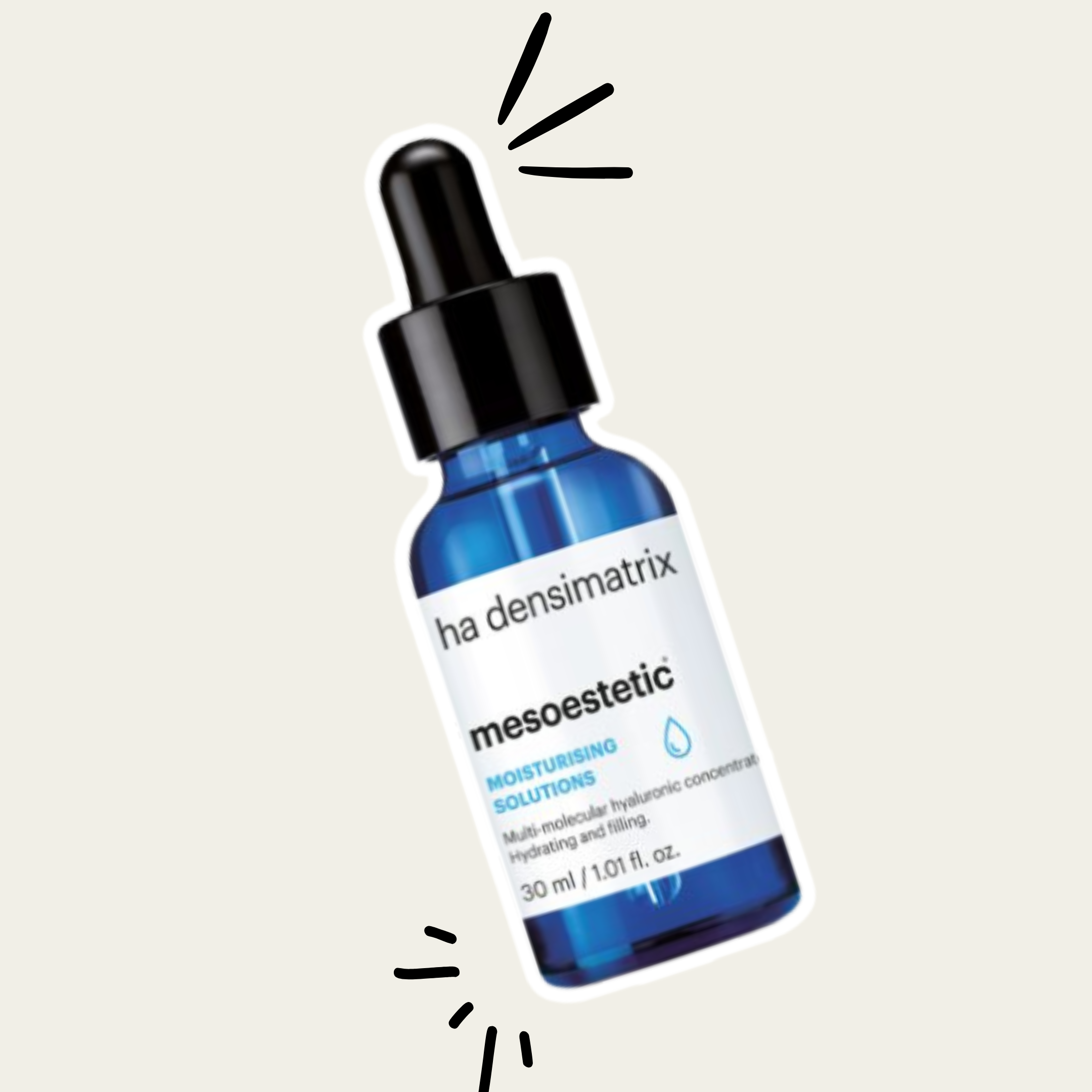 Blue dropper bottle labeled 'ha densimatrix mesoesthetic Moisturising Solutions' with a black dropper cap and simple line drawings around it on a light background.
