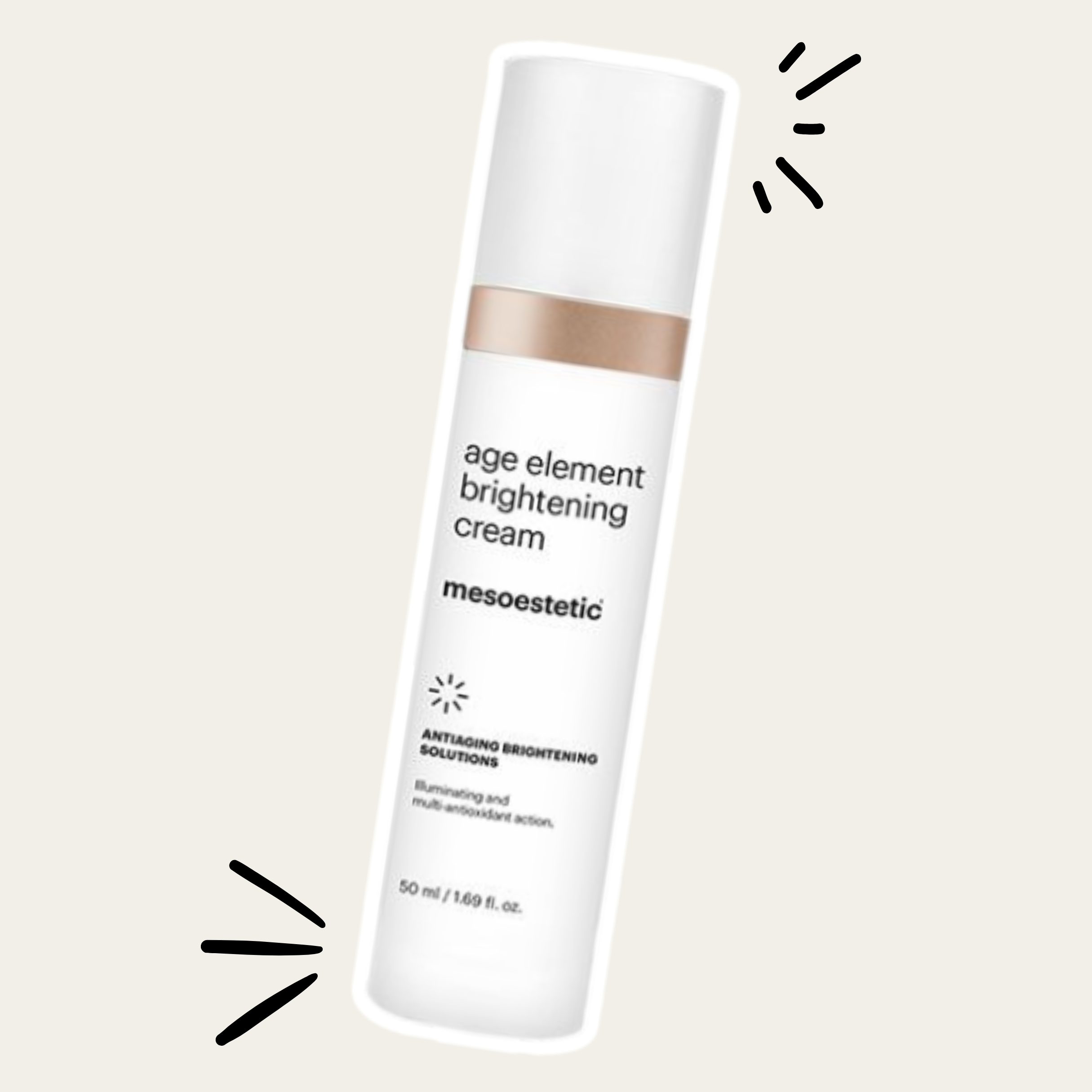 A white bottle of age element brightening cream from mesoestetic with a gold band near the top, set against a light beige background with decorative black lines radiating from the top right and bottom left.