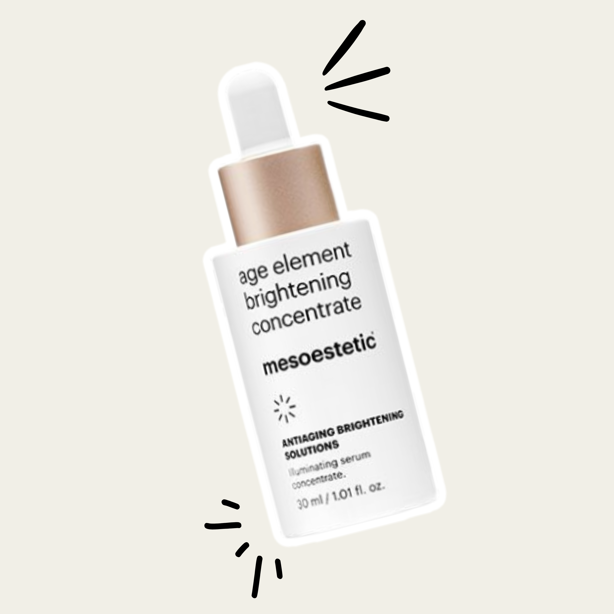 A skincare product bottle labeled 'Age Element Brightening Concentrate' with some black lines around it, indicating emphasis or excitement, on a beige background.