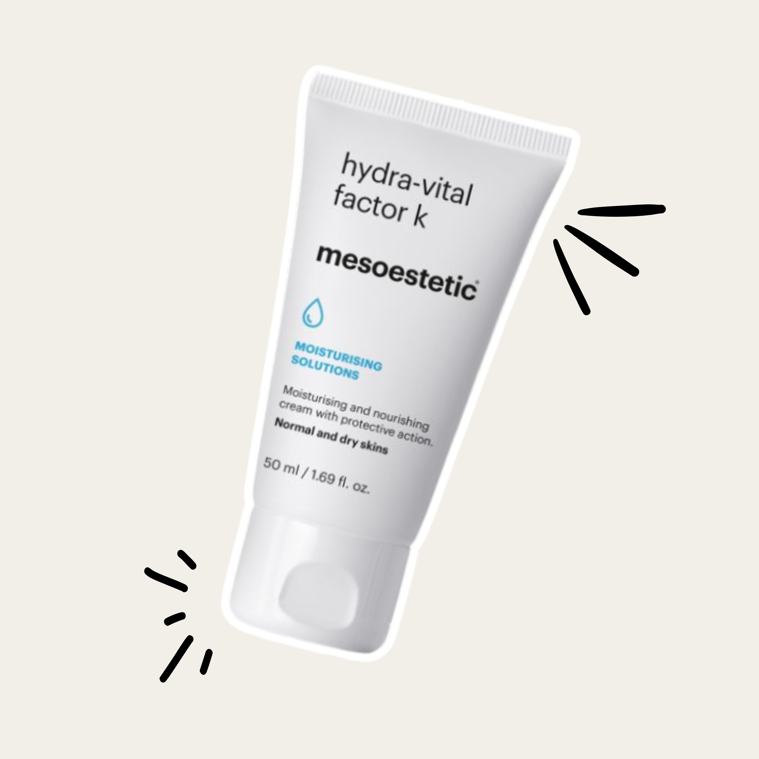 A tube of Mesoestetic Hydra-vital Factor K moisturizer with a white cap and a beige background.