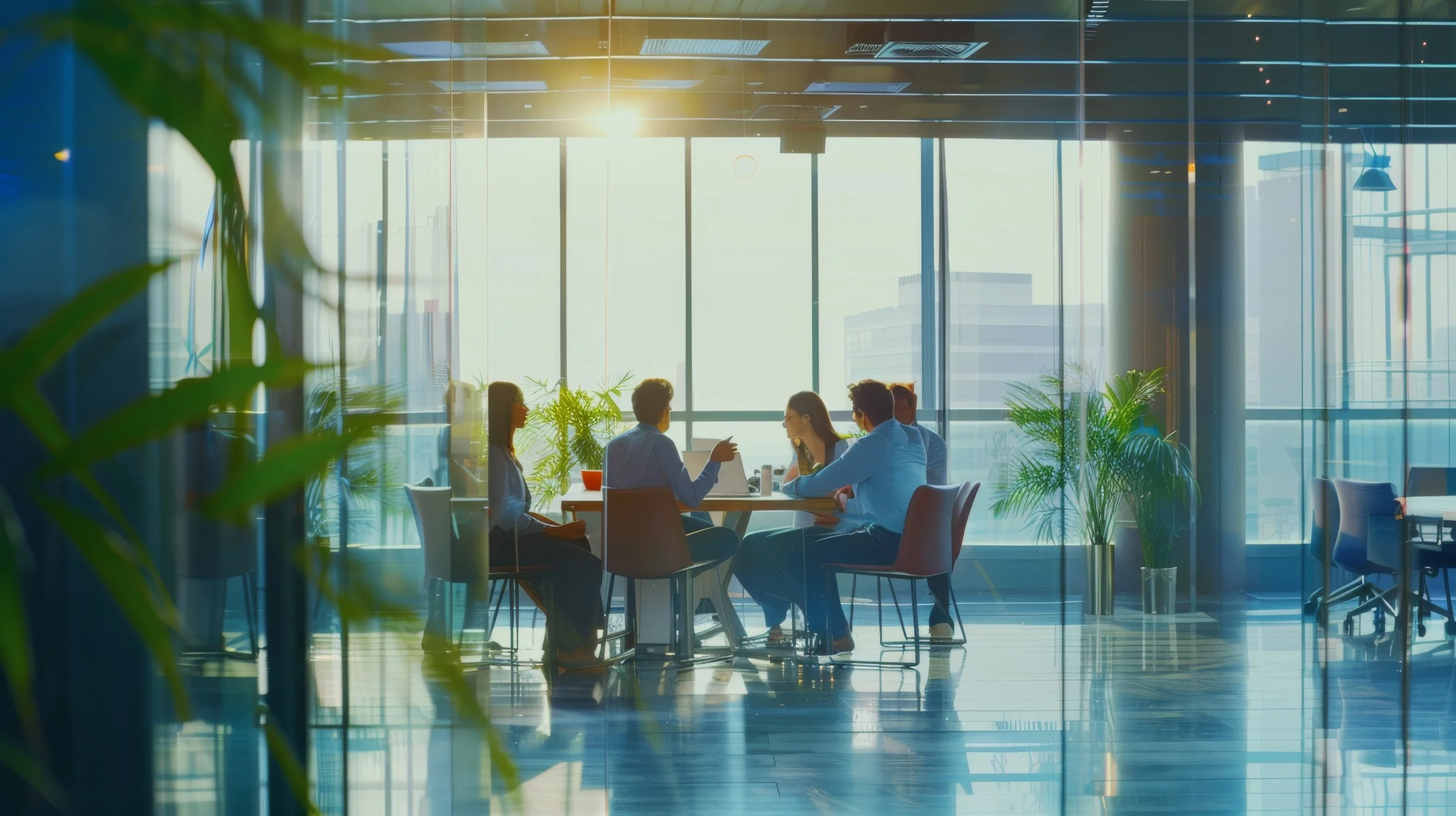 Business meeting in a modern office conference room with five people seated around a table, sunlight streaming through large windows, potted plants nearby.