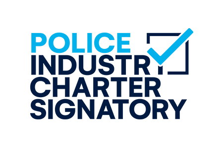 Text reading 'Police Industry Charter Signatory' with a checkmark icon.