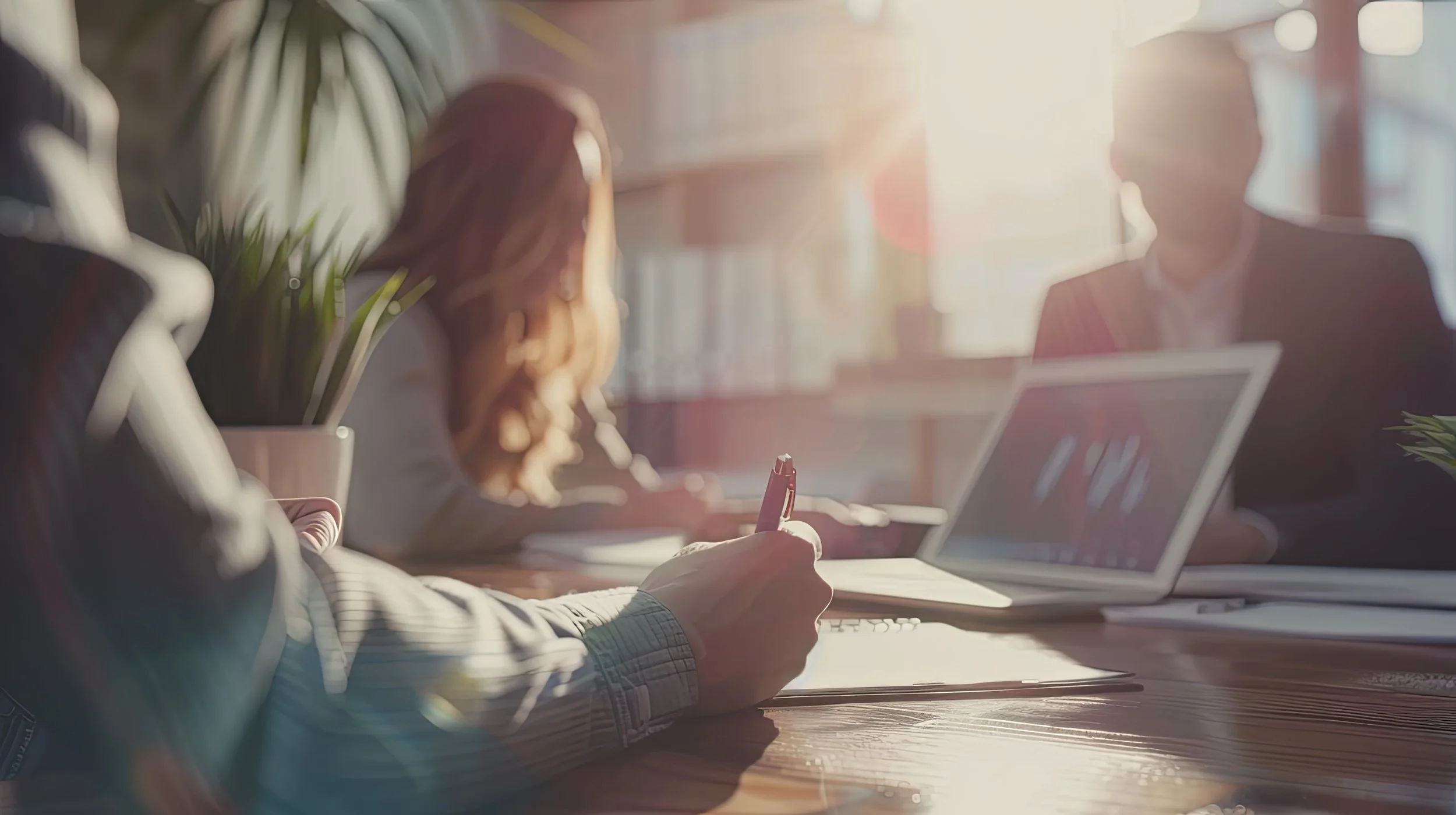 Business professionals working in a sunlit office with laptops, notebooks, and a plant on the table.