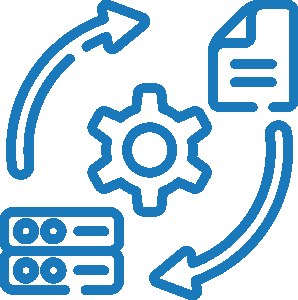Icon representing data transfer and settings, including a gear, arrows, a document, and a database.