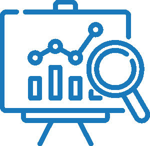 Icon of a presentation board with a line graph and bar chart, accompanied by a magnifying glass.