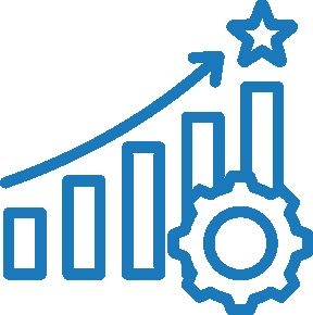A line graph with upward trend bars, a gear icon, and a star at the top, representing growth and achievement.