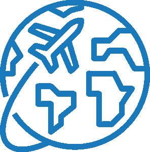 An illustration of the Earth with a plane flying around it in blue line art.