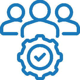 Icon of three people with a gear and checkmark, representing teamwork or management.