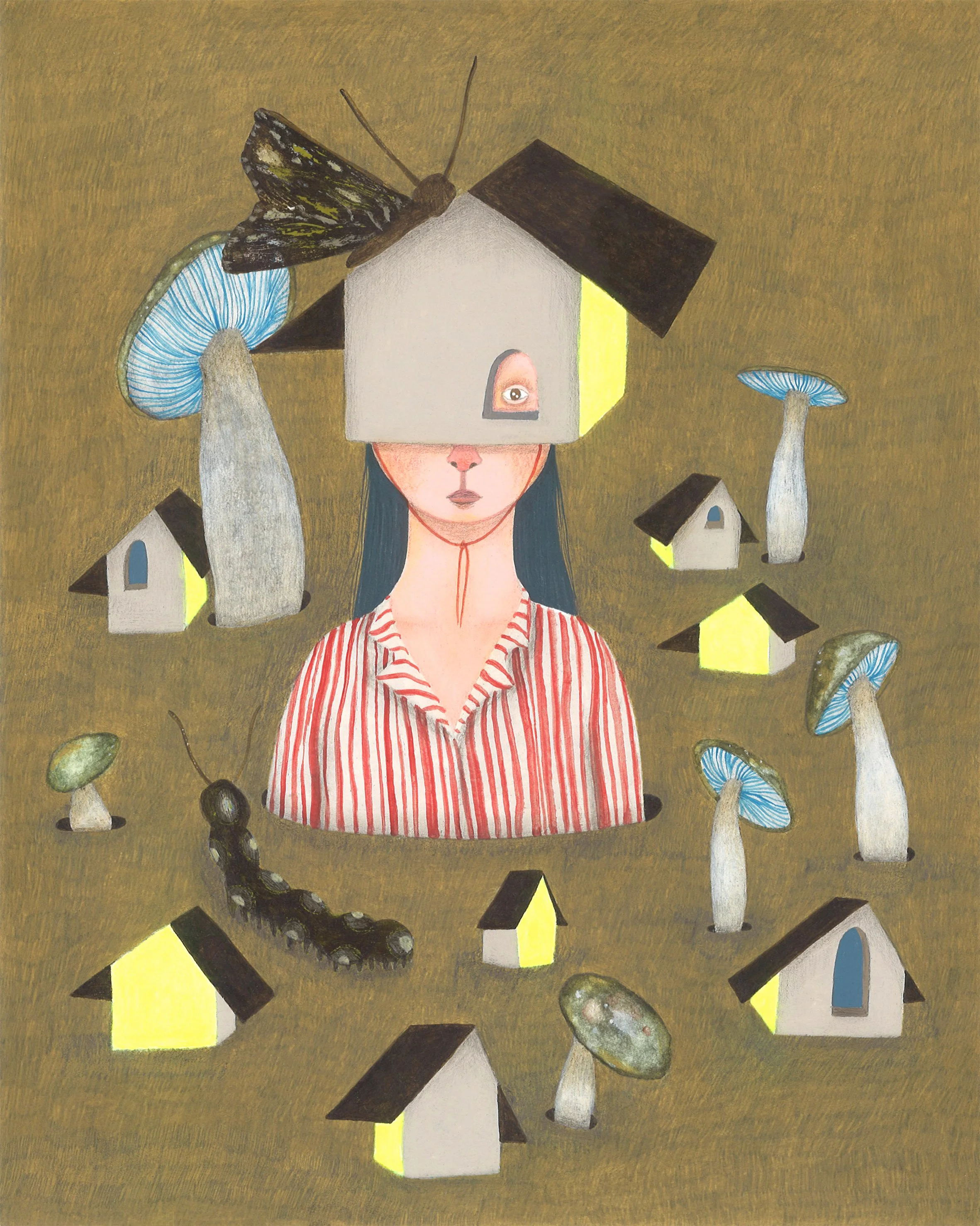 Surreal artwork depicting a woman with a house on her head, surrounded by mushrooms, small houses, and a black caterpillar, against a yellowish-brown background.