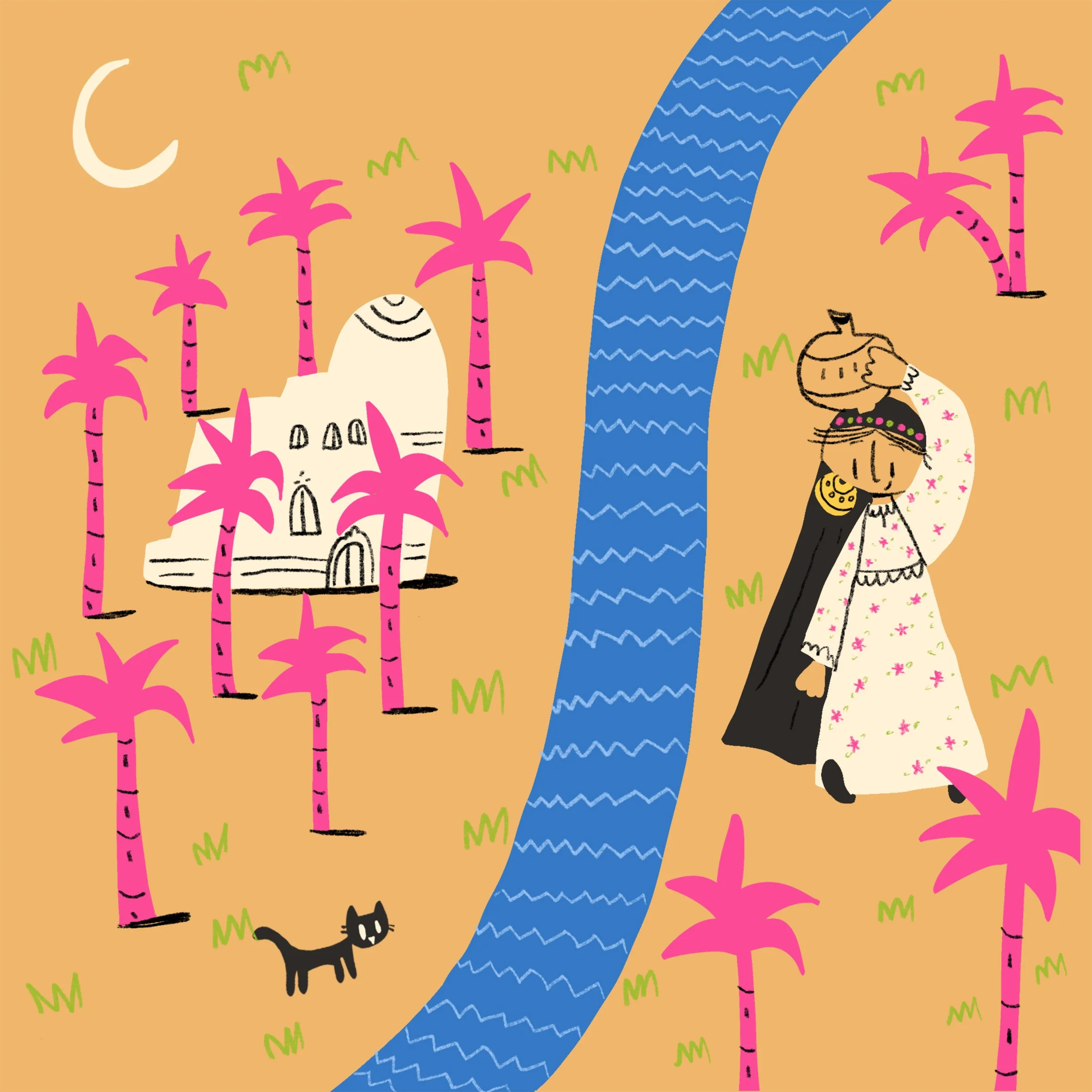 A colorful, cartoon-style illustration of a woman in traditional dress walking beside a blue river with pink palm trees and a black cat. In the background, there is a white house and a crescent moon in the sky.