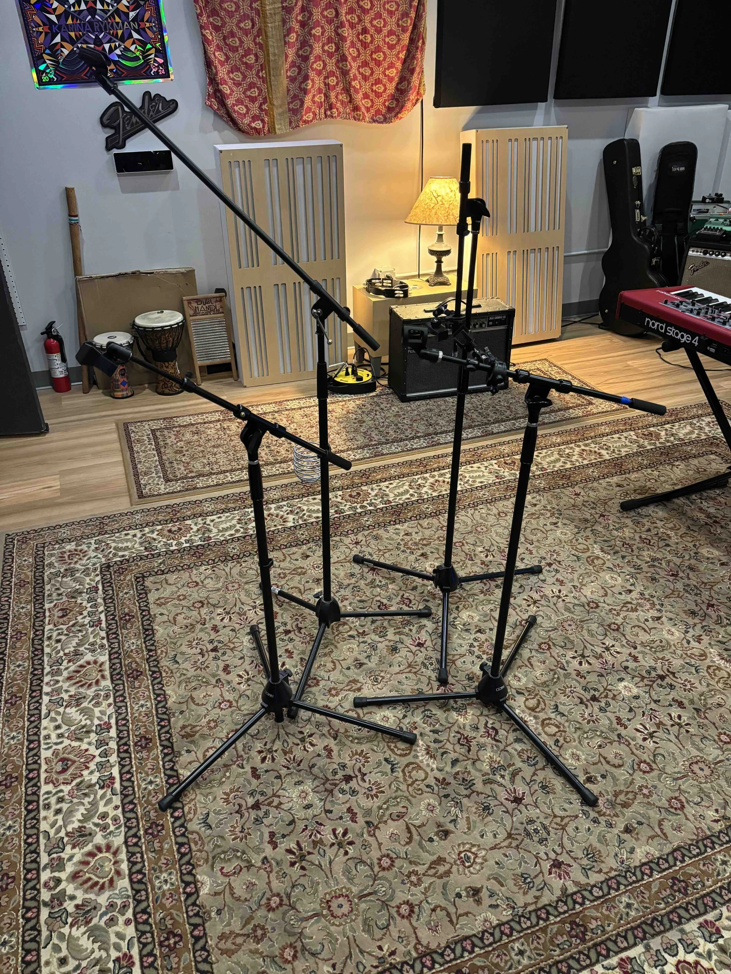 Microphone stands with phone holders