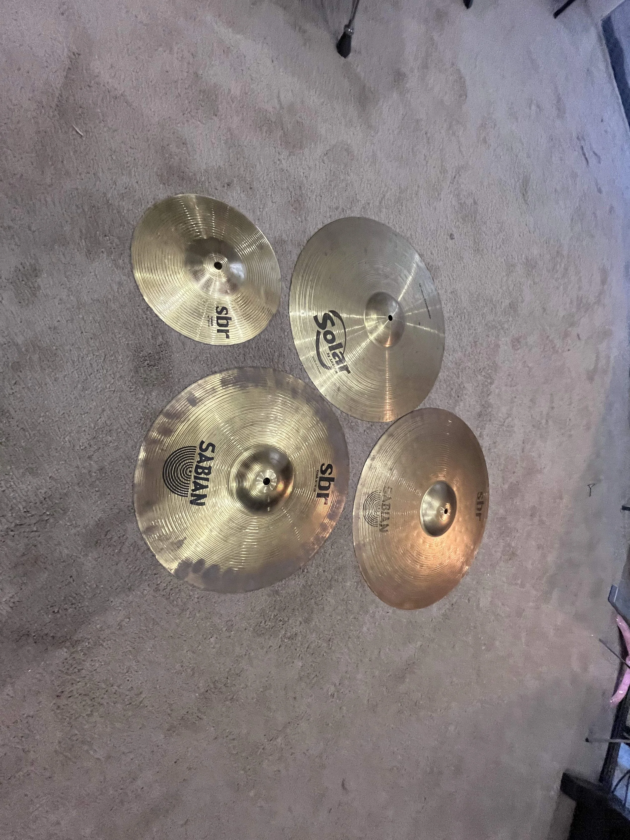 Sabian 20" Ride, 10" Splash, 16" crash, 14" hihats, Solar 18" crash