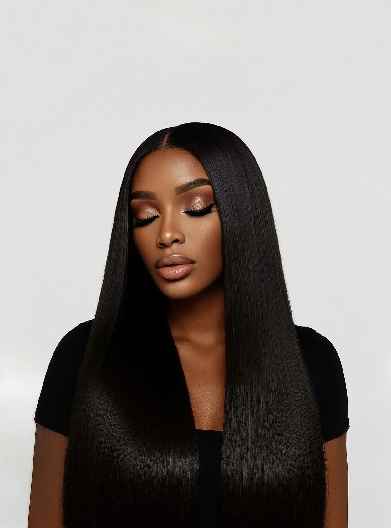 A woman with long, straight black hair, makeup, and a black top