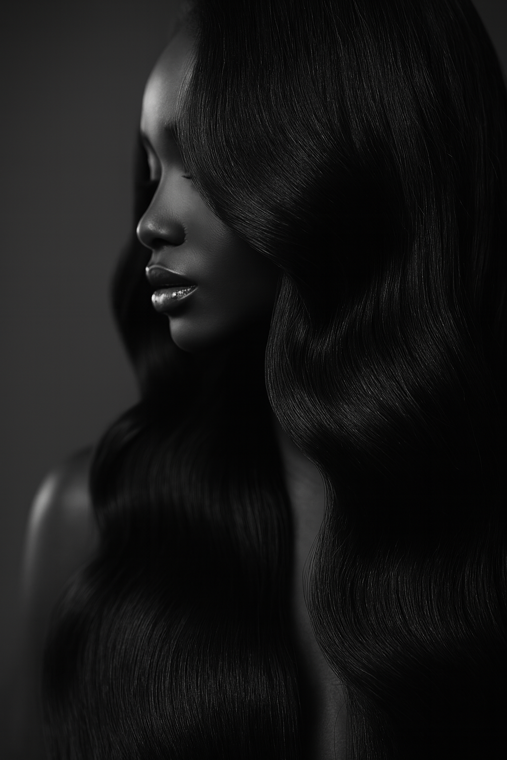 Black and white close-up portrait of a woman with long, wavy, shiny hair.