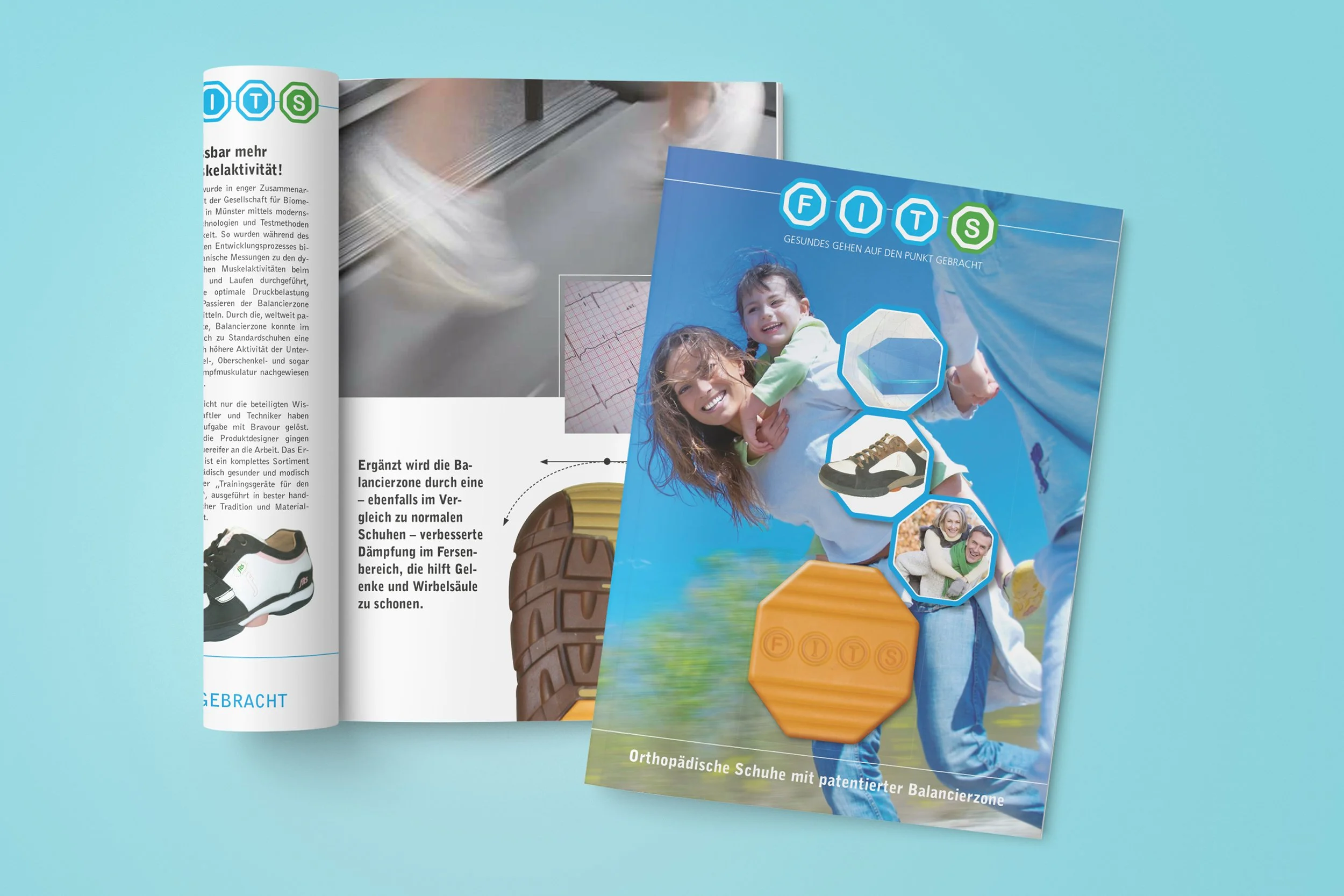 Zeitschrift mit Werbung für orthopädische Schuhe und Balancezonen, lächelnde Frau und Kind, Schuhbilder, blauer Hintergrund.
