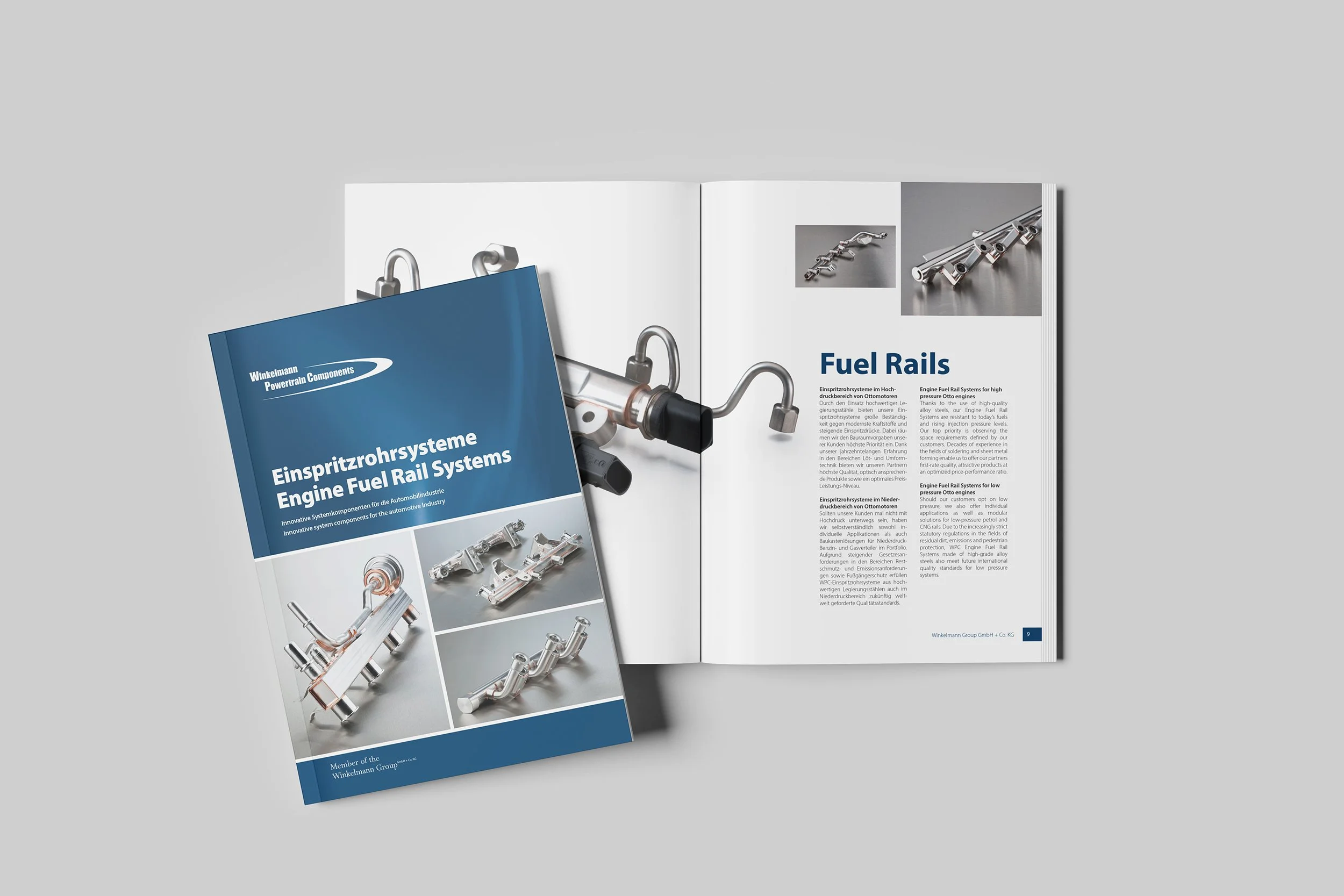 Broschüre über Einspritzrohrsysteme für Kraftstoffverteiler. Aufgeschlagenes Heft mit technischen Informationen und Bildern von Komponenten. Titel: "Einspritzrohrsysteme Engine Fuel Rail Systems".