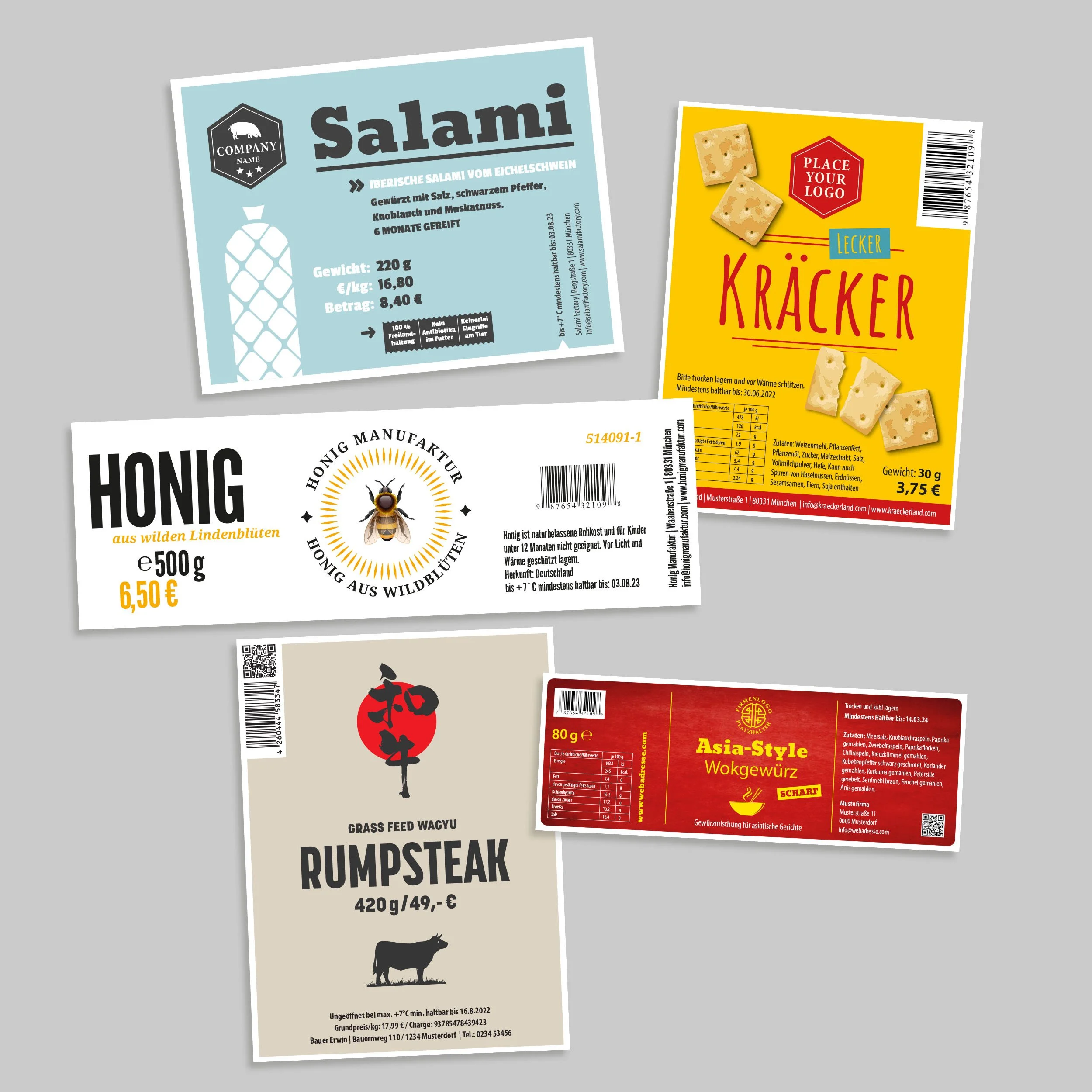 Abbildung von Produktetiketten für Lebensmittel: Salami vom iberischen Schwein, Kracker, Honig aus wilden Lindenblüten, Rumpsteak von Wagyu-Rind und Asia-Style Wokgewürz.