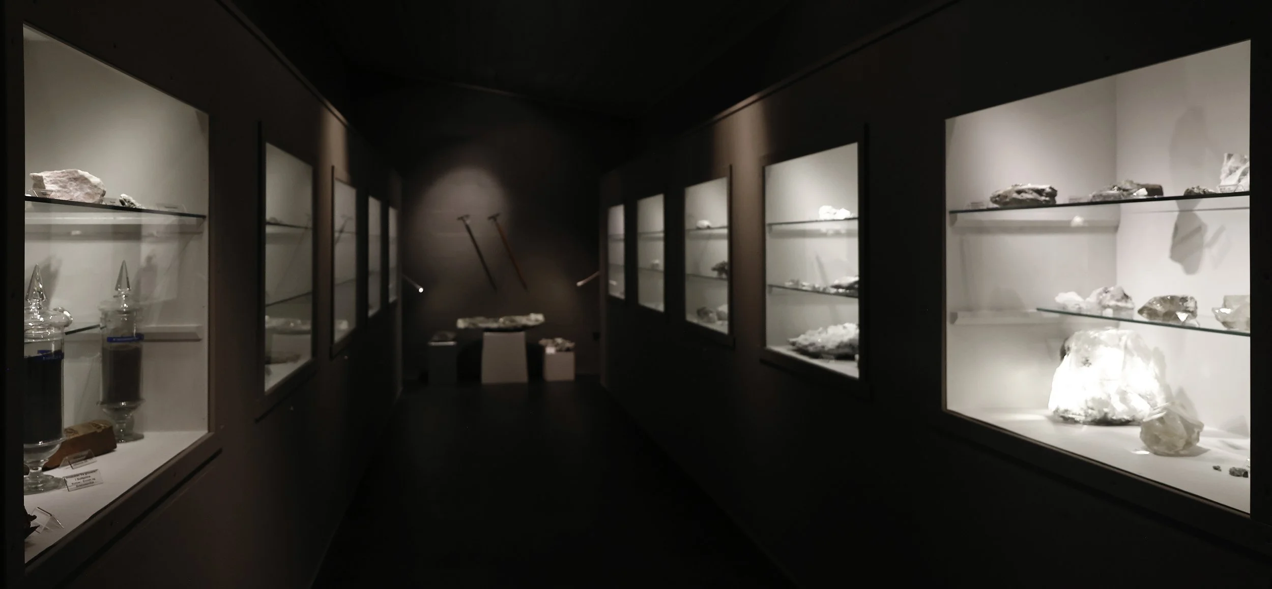 Exhibition room with glass cases displaying minerals and rocks.