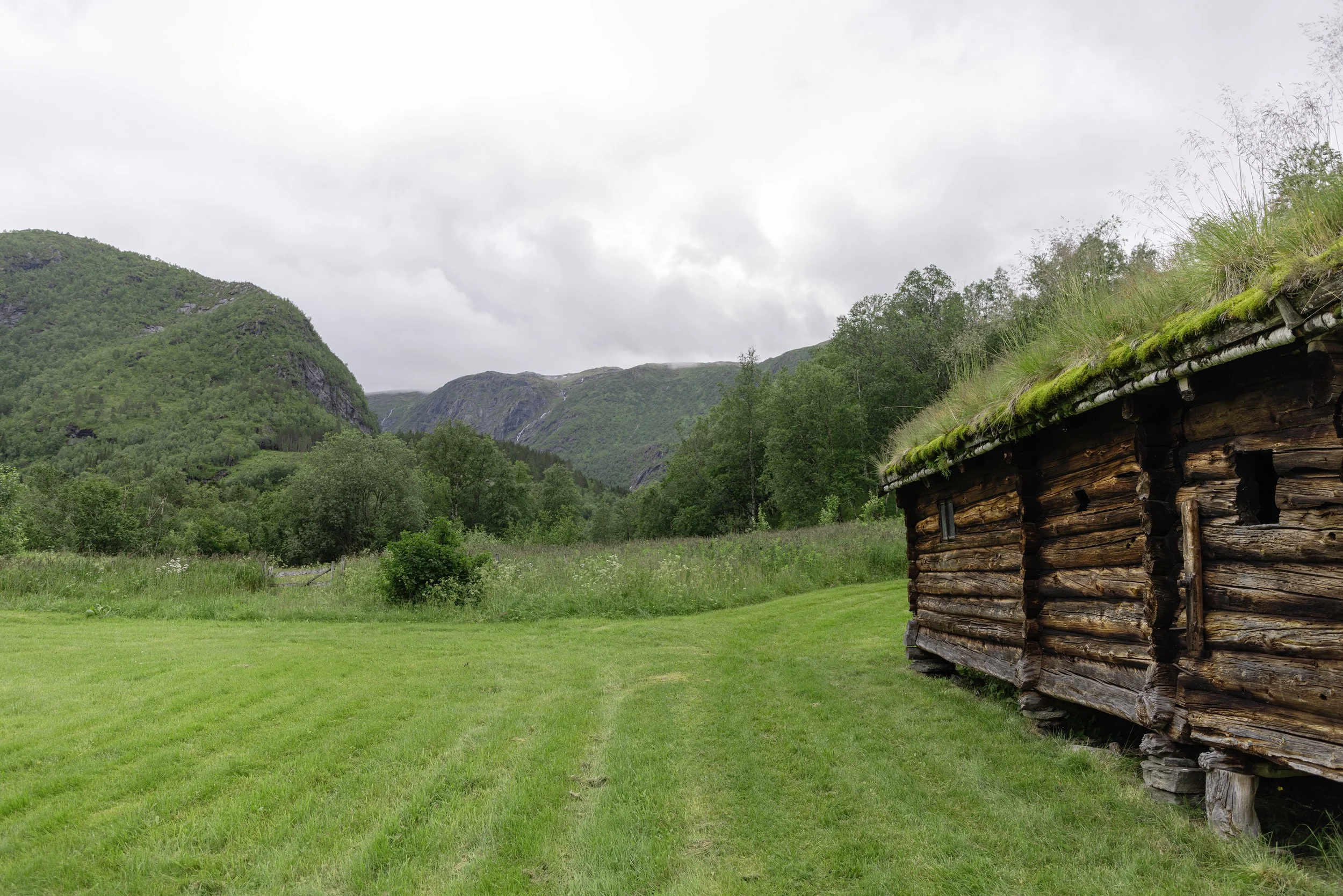 Eine alte Blockhütte mit moosbedecktem Dach in einer grünen Berglandschaft unter bewölktem Himmel.