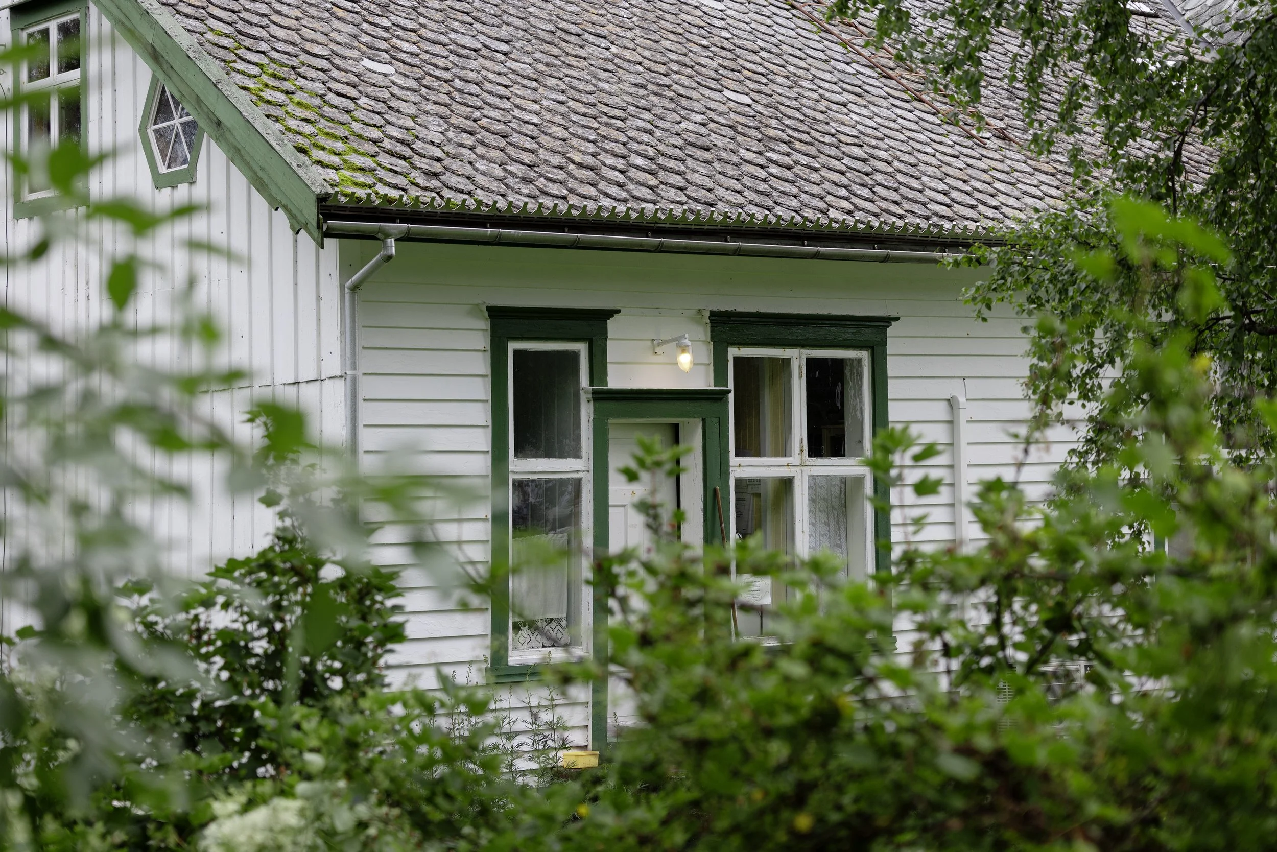 Et hvitt hus med grønne vindusrammer og tak av steinheller, sett gjennom blader og busker.