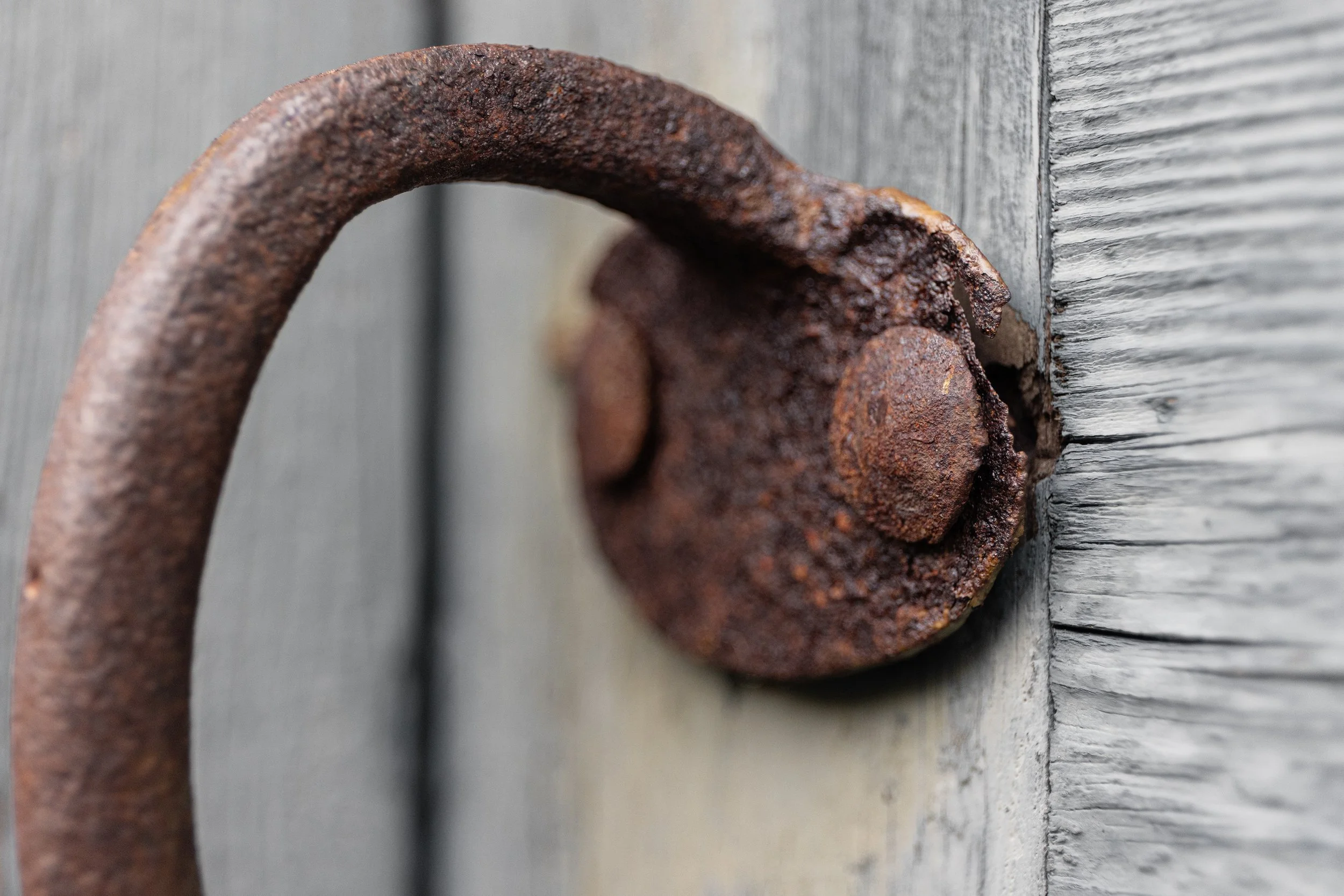 Nahaufnahme eines rostigen, alten Eisenrings, der an einer Holzwand befestigt ist.