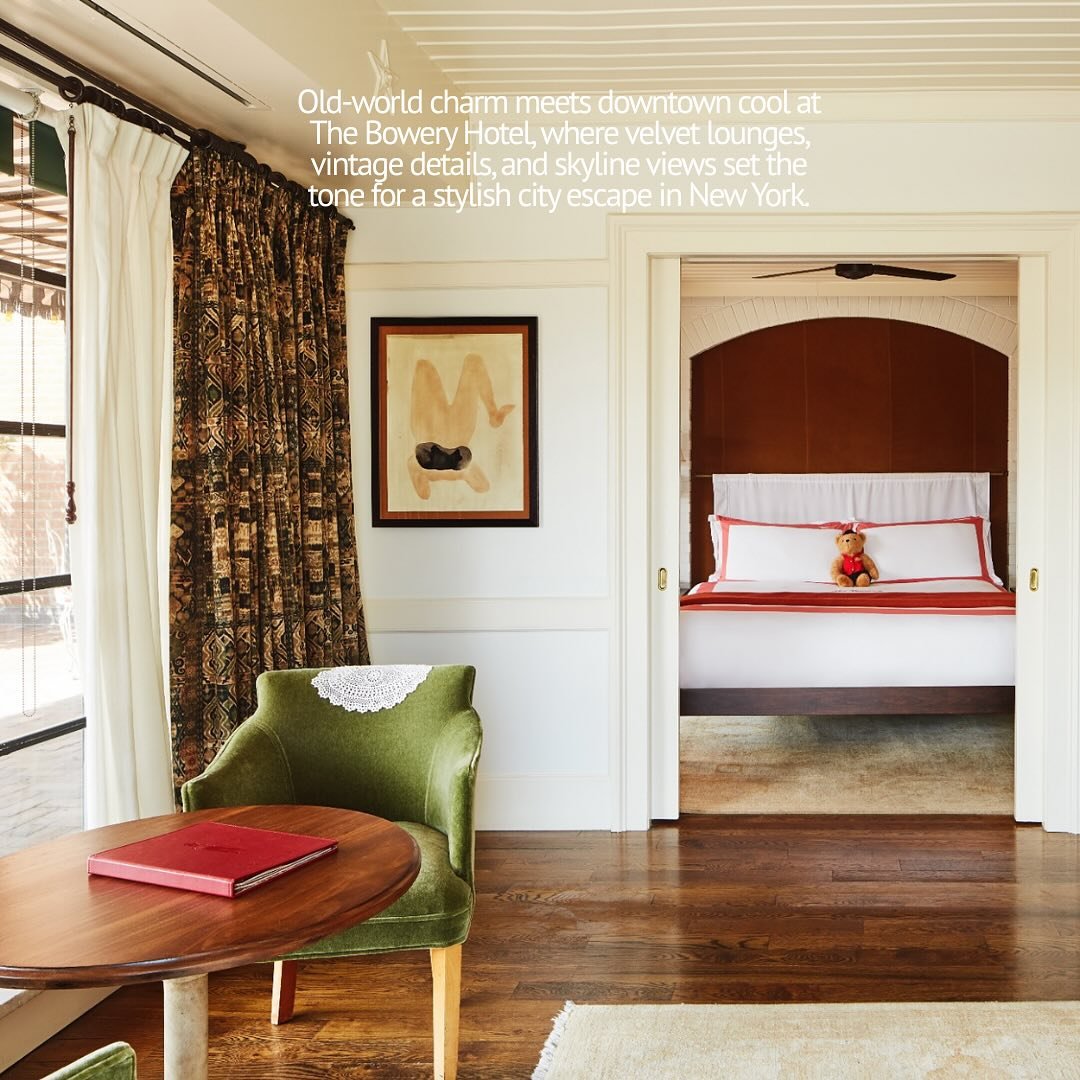 Tucked away in Manhattan’s Lower East Side, @boweryhotel is a downtown classic that blends old-world charm with effortless New York cool.
Think vintage-inspired interiors, skyline views, and a cozy lobby bar that feels like a members’ c