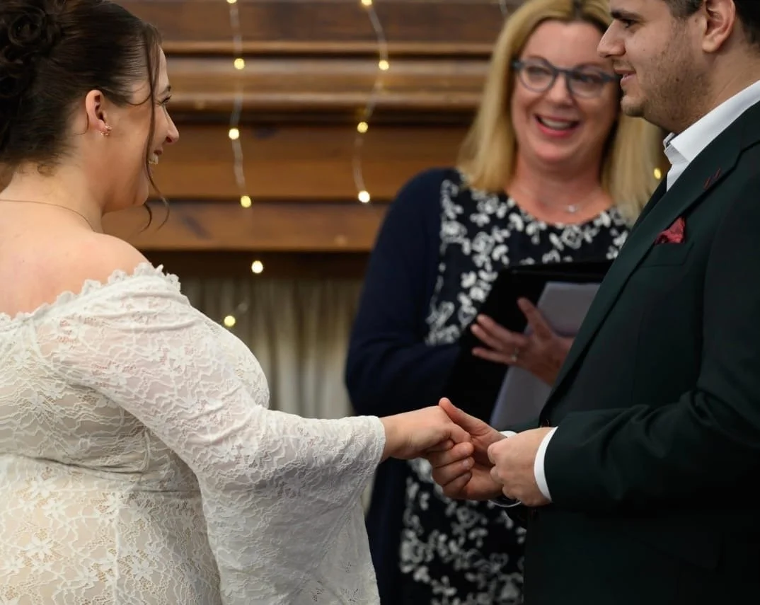 Wedding ceremony inside The Old Chapel at Ambersham led by an independent celebrant