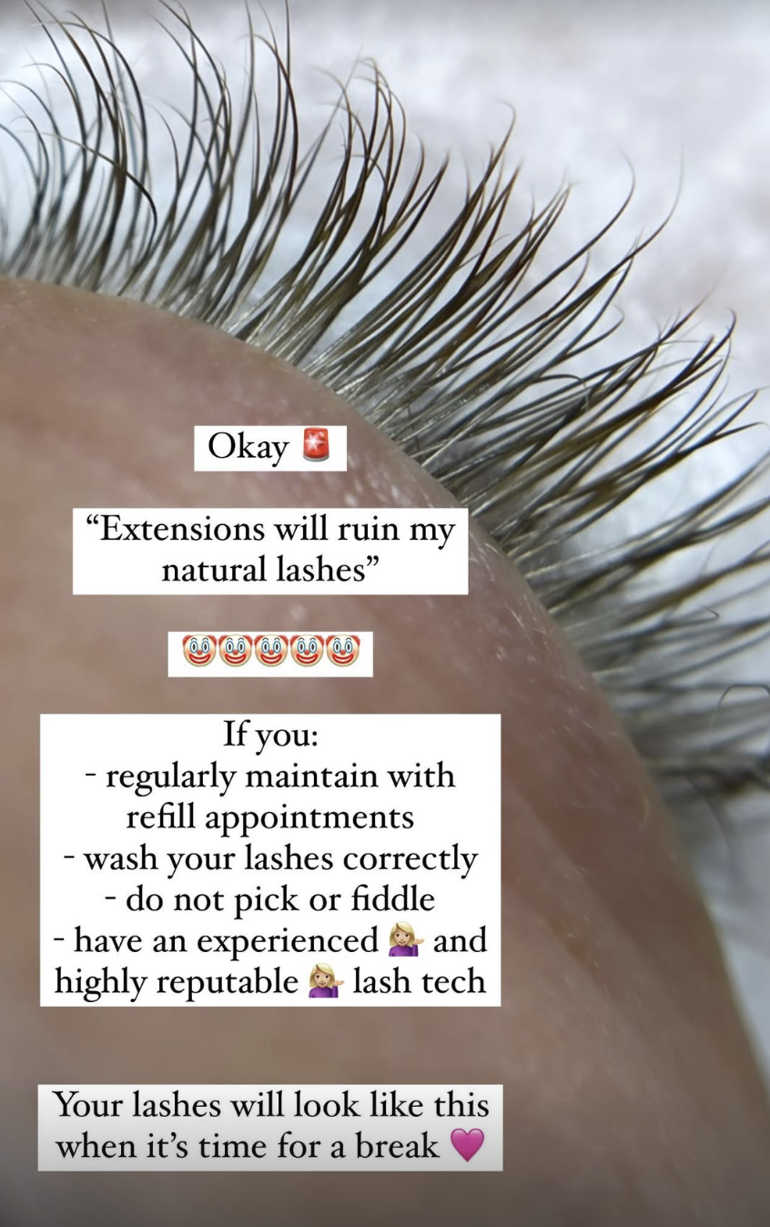 Close-up of a person's eyelash with informational overlay about eyelash extension maintenance.
