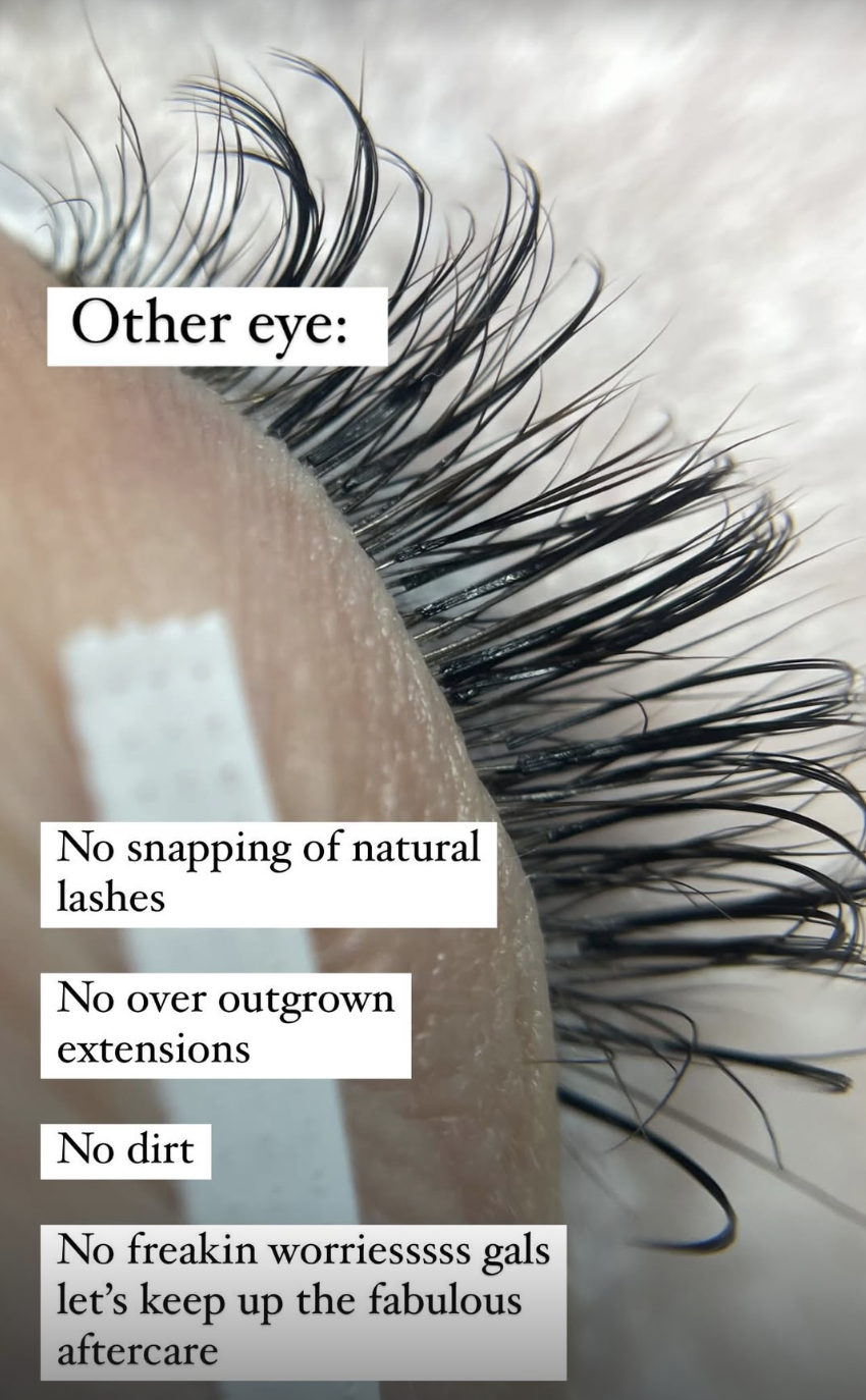 Close-up of an eye with long, curled natural eyelashes, accompanied by text promoting eyelash care products or services highlighting no snags, dirt, or overgrown extensions.