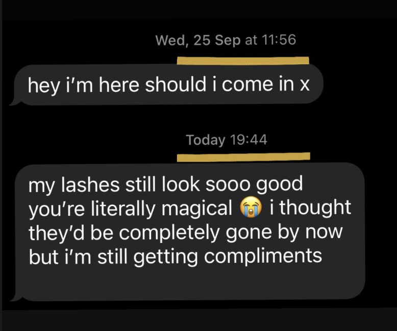 Screenshot of a text conversation on a black background showing messages discussing coming over, eyelashes looking good, and receiving compliments.