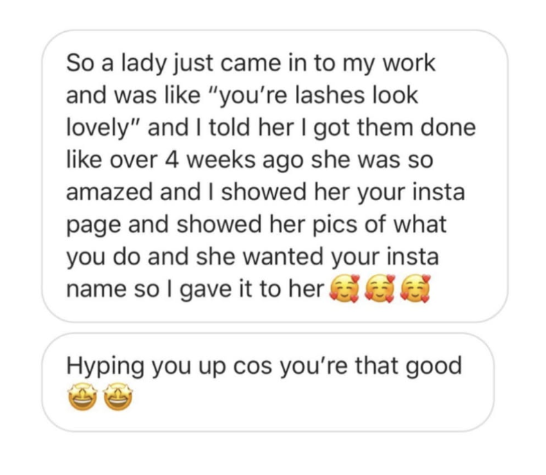 Screenshot of a text message conversation discussing a compliment about eyelashes and the exchange of Instagram pictures.