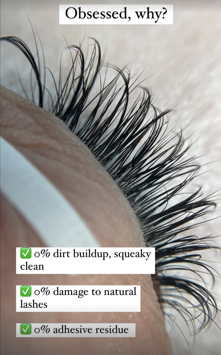 Close-up of a person's eyelash with digital annotations promoting eyelash extensions, including notes about dirt buildup, damage, and adhesive residue, under the heading "Obsessed, why?"