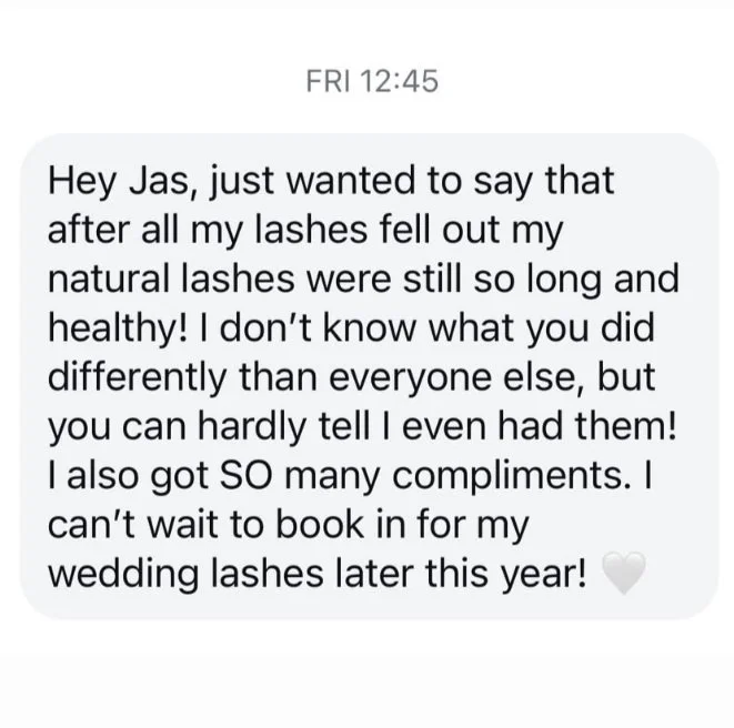 Text message conversation about positive experiences with wedding lashes, mentioning long, healthy natural lashes and compliments received.