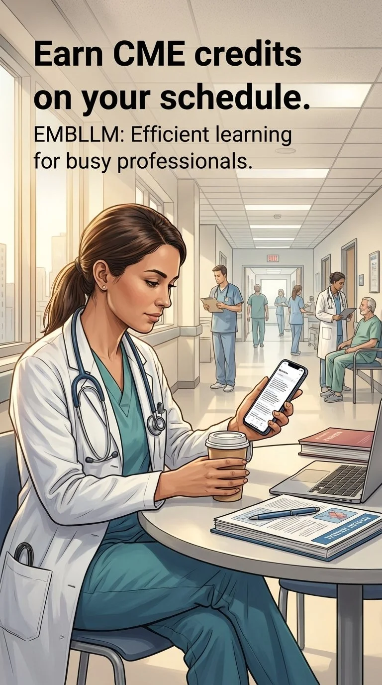 Healthcare professional sitting at a table in a hospital corridor, looking at her phone, holding a coffee cup, with medical documents, a laptop, and a pen on the table, surrounded by other medical staff and patients.