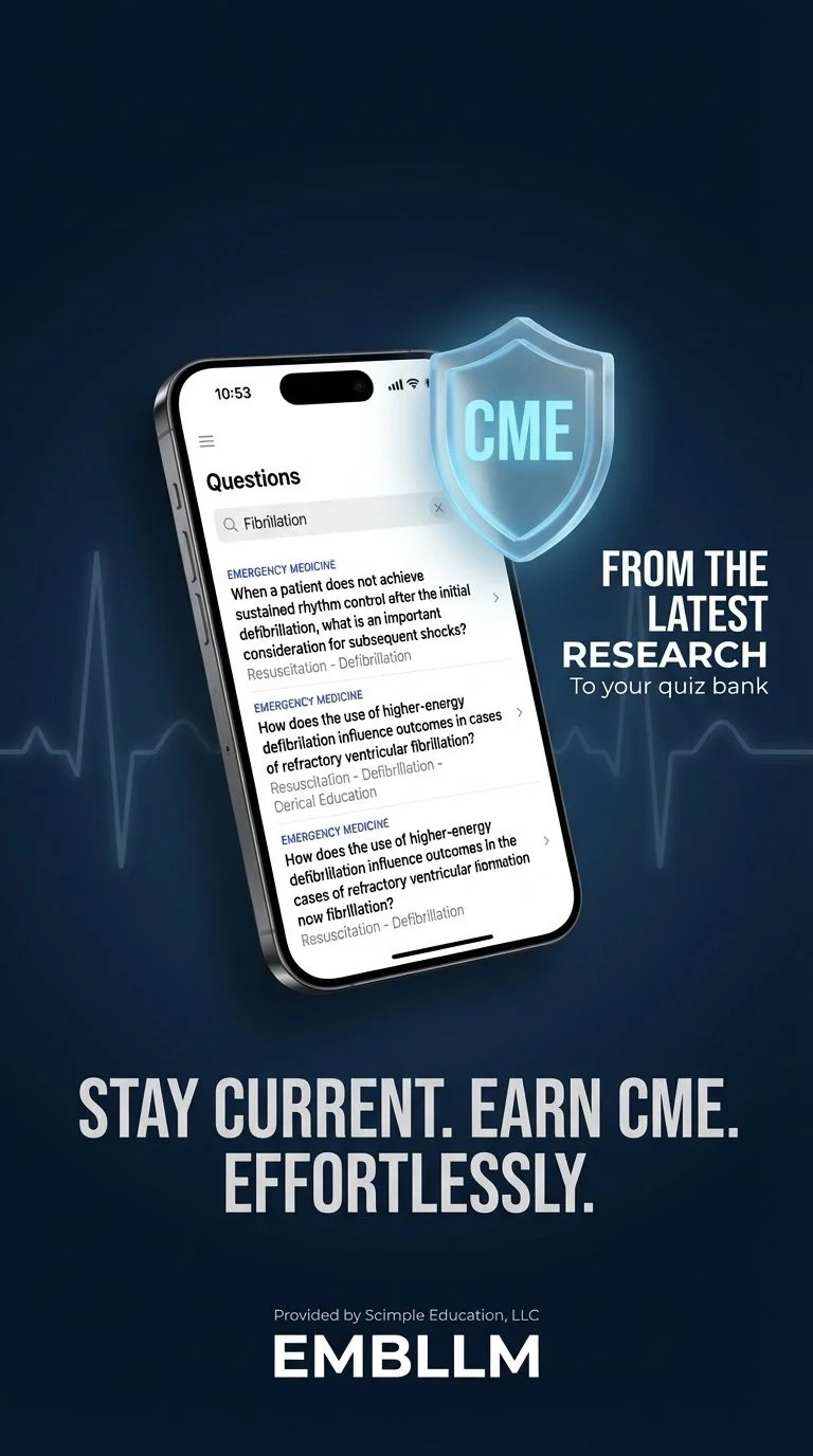 A smartphone displaying a medical quiz app, with a shield icon labeled 'CME' and text promoting staying current with continuing medical education for healthcare professionals.
