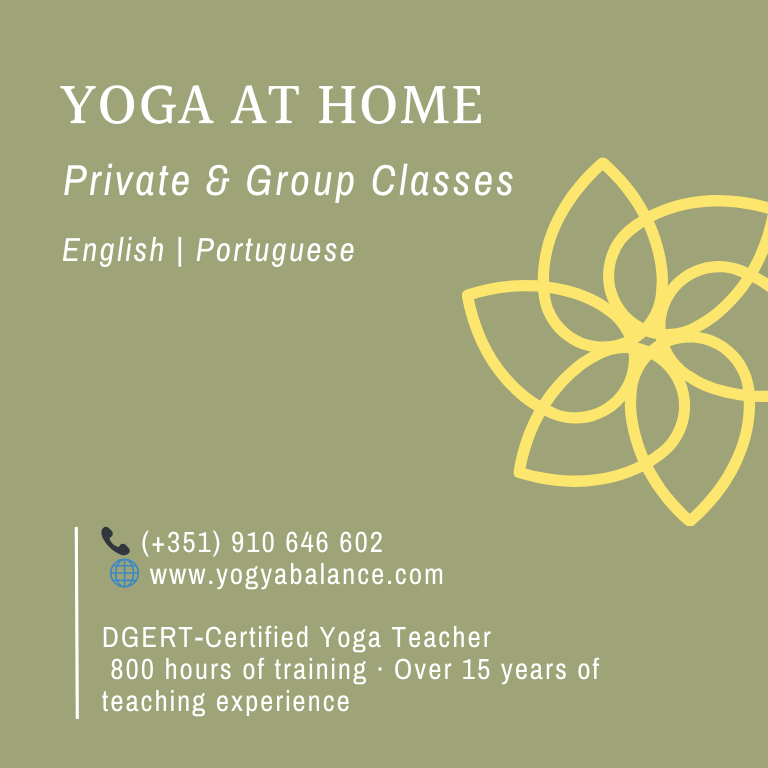 Business card for Yoga at Home featuring private and group classes in English and Portuguese, with a yellow lotus flower graphic, contact phone number, website, and details about certification and experience.
