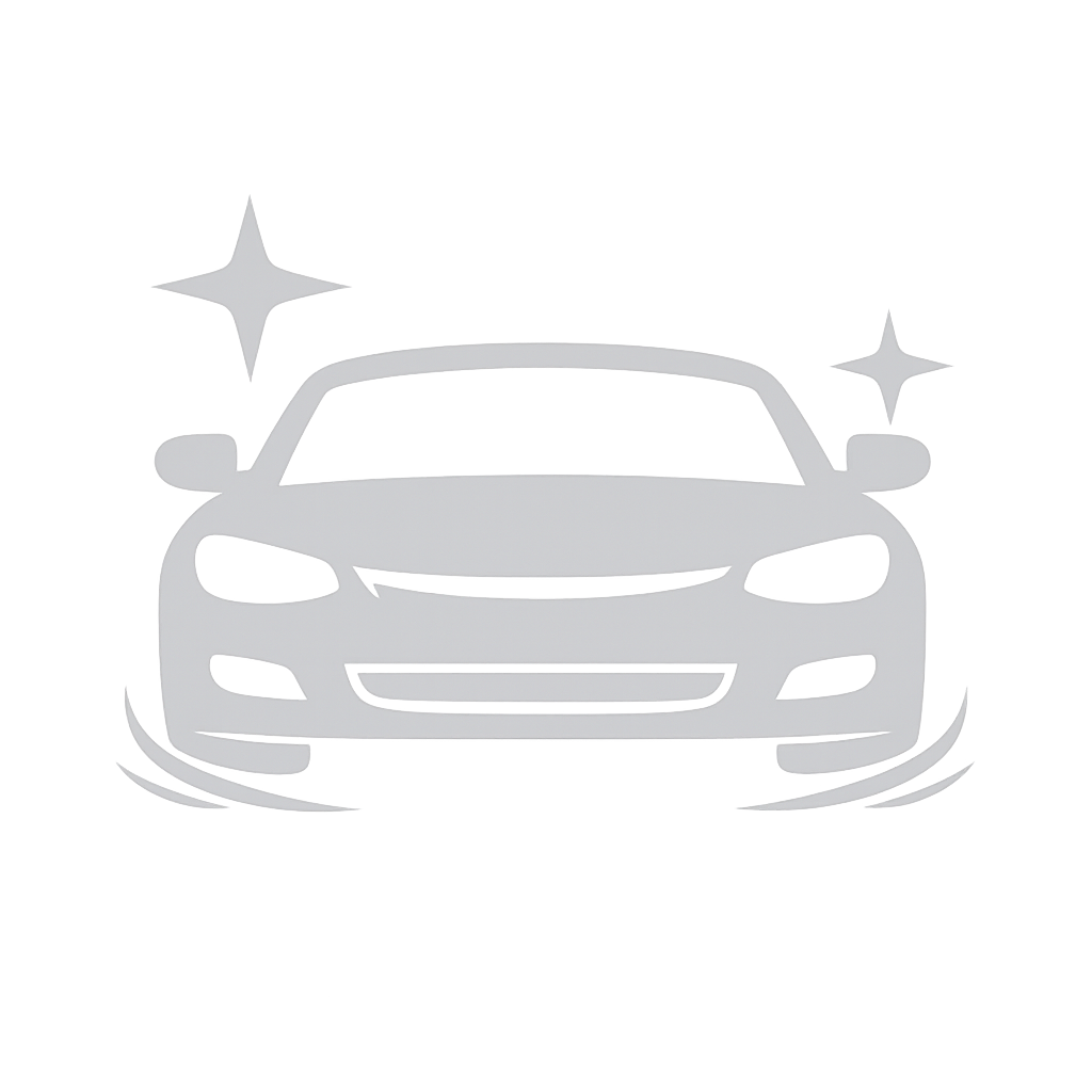 Silhouette of a car with sparkles around it, symbolizing cleanliness or shine, on a black background.