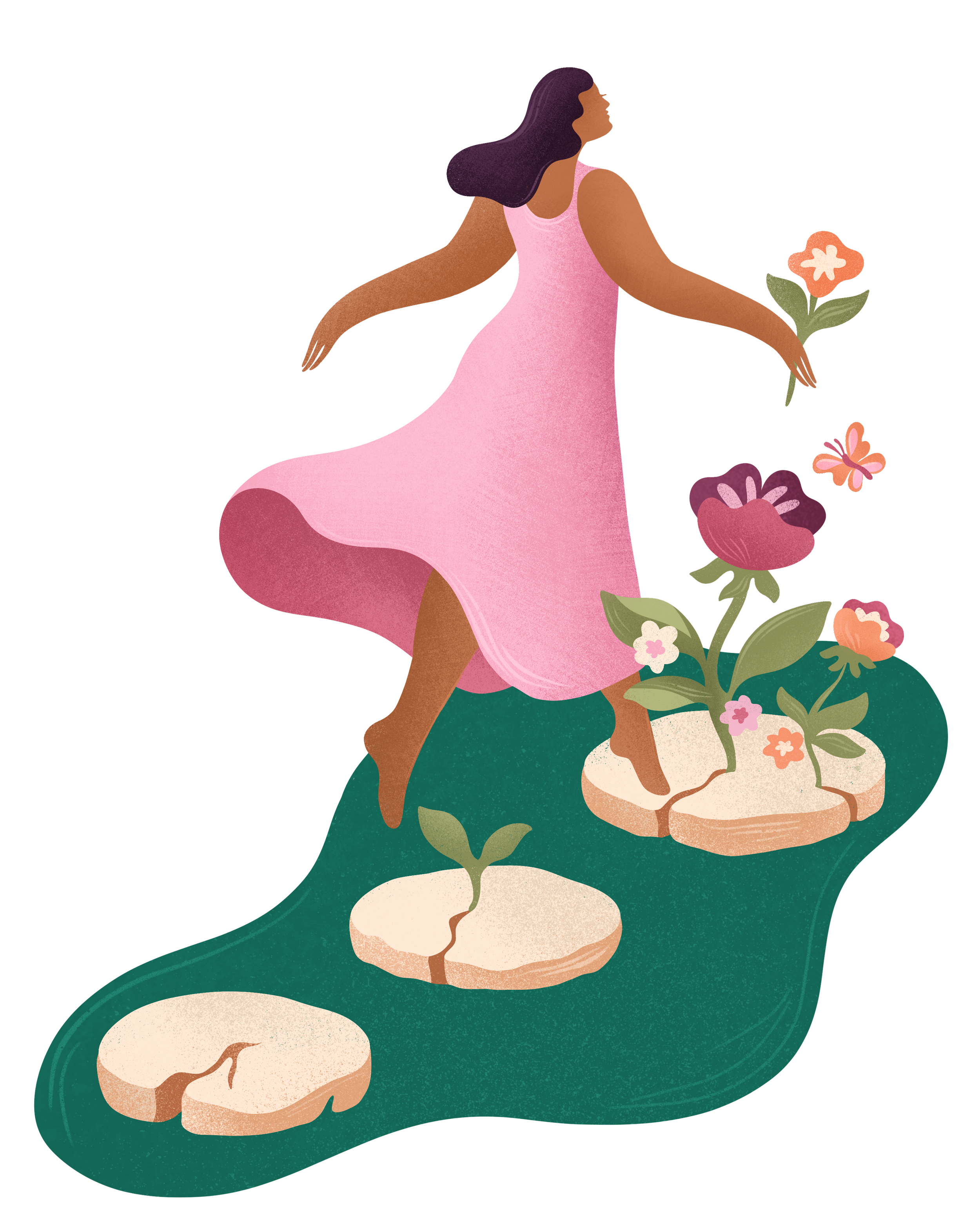 a young woman tiptoes on stepping stones with gradually flourishing flowers around them